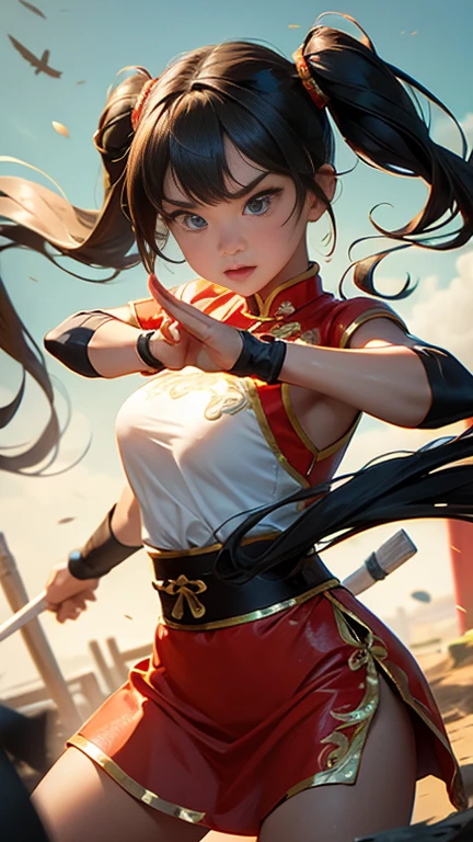 Chinese martial arts fighting girl、Muscular、Fighting Pose、Martial faction、Dynamic feel like an action game、Chinese Princess、Curly twin tails