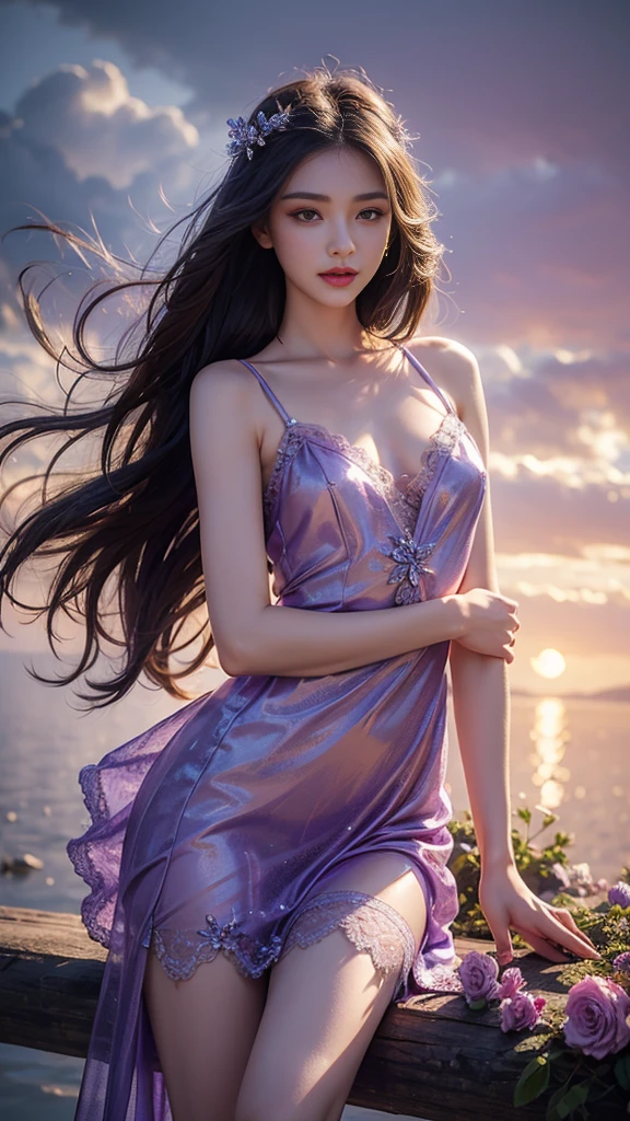 8K, UHD, masterpiece, 1 girl, good face, very long hair, detailed eyes, detailed lips, light makeup, small breasts, fairytale dress, purple dress, ((strap)) lace, stocking, in the cloud, cloudy sky, flowers, water, heaven, flying birds, dim lighting, realistic shadow, bloom, ray tracing,