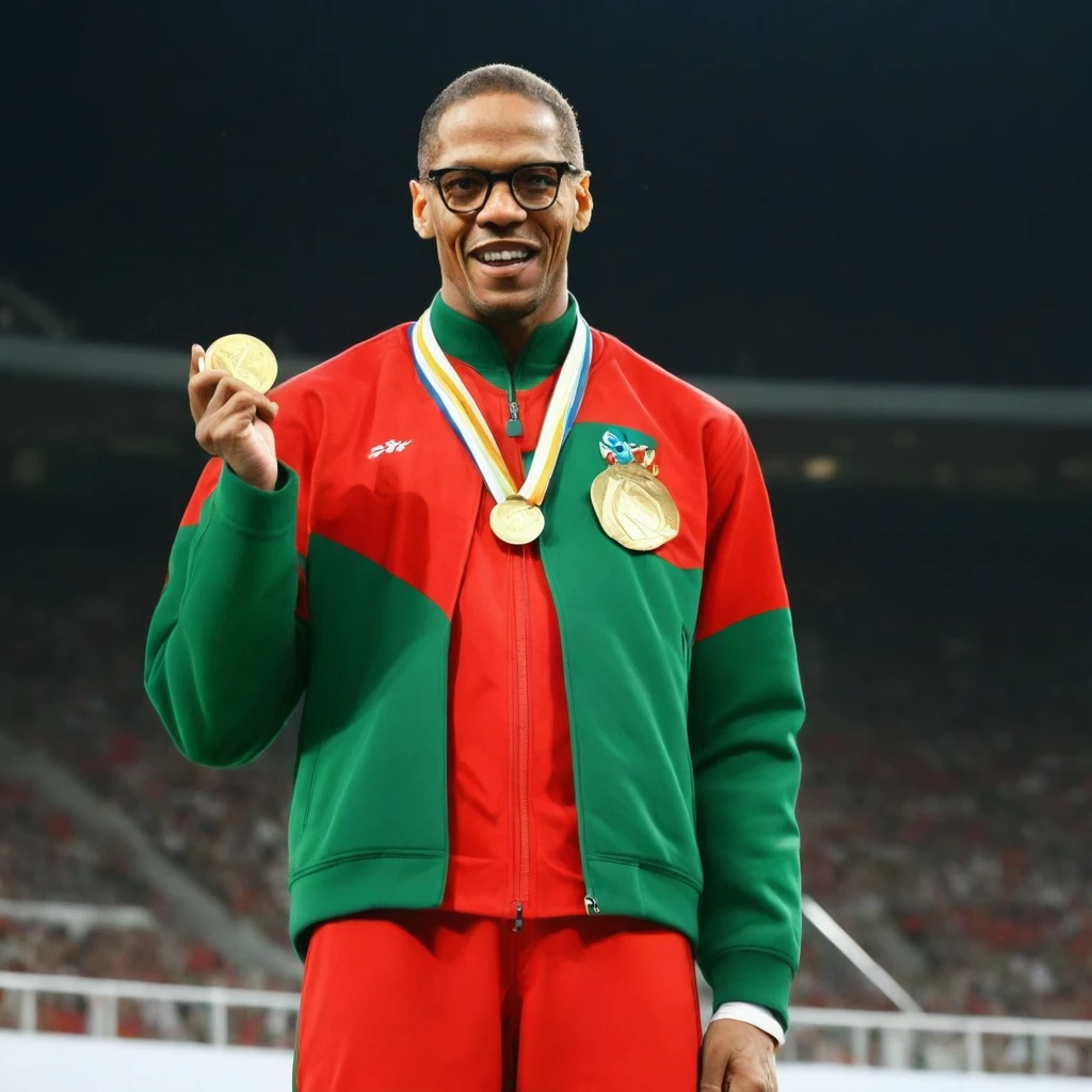 create an image of Malcolm X atop the podium in the middle of a world sports olympics stadium winning gold medals and holding a gold trophy, dressed in a red olympic uniform, black and green celebrating with a victory face