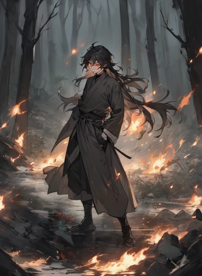 young man ,Male Dark, dark Woods, dark black colors, monk dnd, man black Highlighted long hair , shinobi costume style, have Burn Wound on face