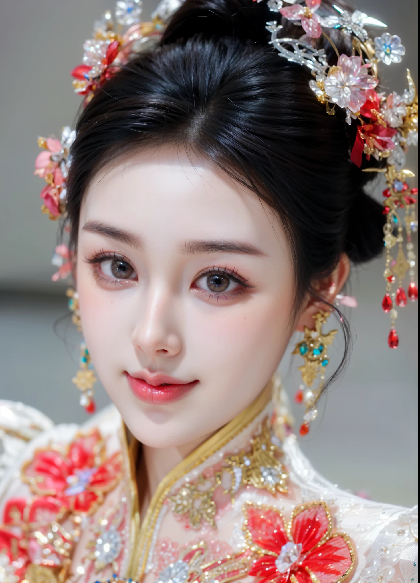 Game Art，Best image quality，Maximum resolution，8K，(A bust photo)，(portrait)，(Head close-up)，(Rule of Thirds)，Unreal Engine 5 rendering works，20 year old girl，((Queen))，The eyes are very detailed，(Large Breasts)，Elegant and noble，light，Ray Tracing，Game CG，((3D Unreal Engine))，OC rendering reflection mode，4K，Ultra-clear，Sensual，Translucent lace，Fair and plump figure，Pretty Face，Glossy Gel Coat，身着华贵礼服的Queen，Crystal Gem Crown，Necklace jewelry，blue eyes，The tattoo is very three-dimensional，Gorgeous and intricate tattoo designs，Ultra-clear portrait，Sexy thick lips(Red lipstick)，Gorgeous clothing，diamond黄金，Gold headdress，diamond