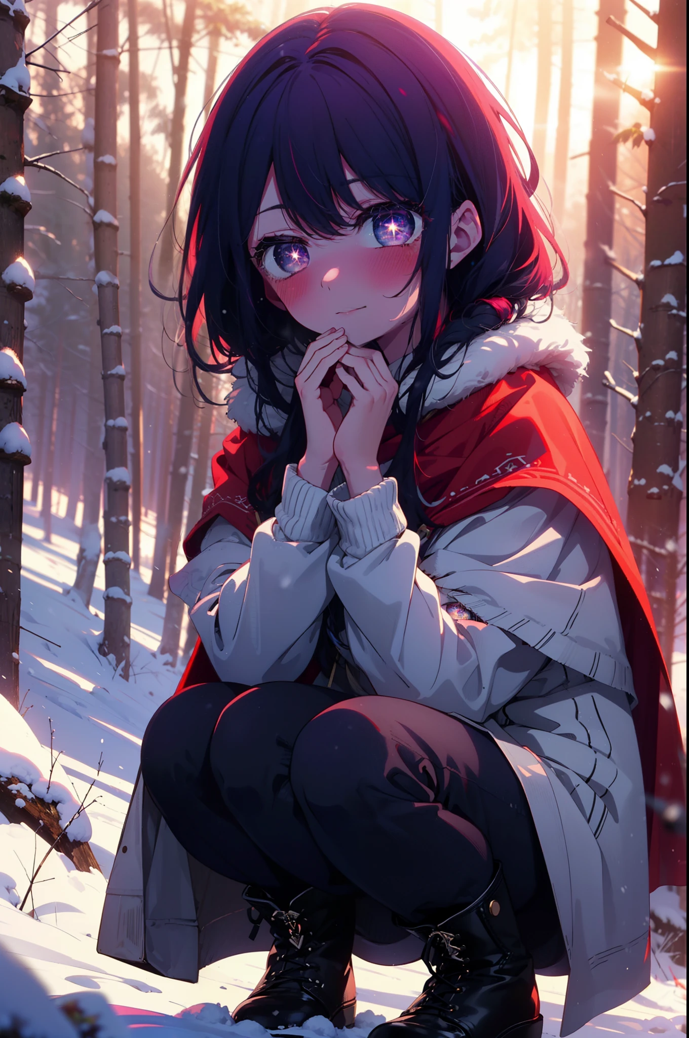 aihoshino, Ai Hoshino, Long Hair, bangs, (Purple eyes:1.1), Purple Hair, (Symbol-shaped pupil:1.5), smile,,smile,blush,white breath,
Open your mouth,snow,Ground bonfire, Outdoor, boots, snowing, From the side, wood, suitcase, Cape, Blurred, , forest, White handbag, nature, Squat, Mouth closed, Cape, winter, Written boundary depth, Black shoes, red Cape break looking at viewer, Upper Body, whole body, break Outdoor, forest, nature, break (masterpiece:1.2), Highest quality, High resolution, unity 8k wallpaper, (shape:0.8), (Beautiful and beautiful eyes:1.6), Highly detailed face, Perfect lighting, Highly detailed CG, (Perfect hands, Perfect Anatomy),