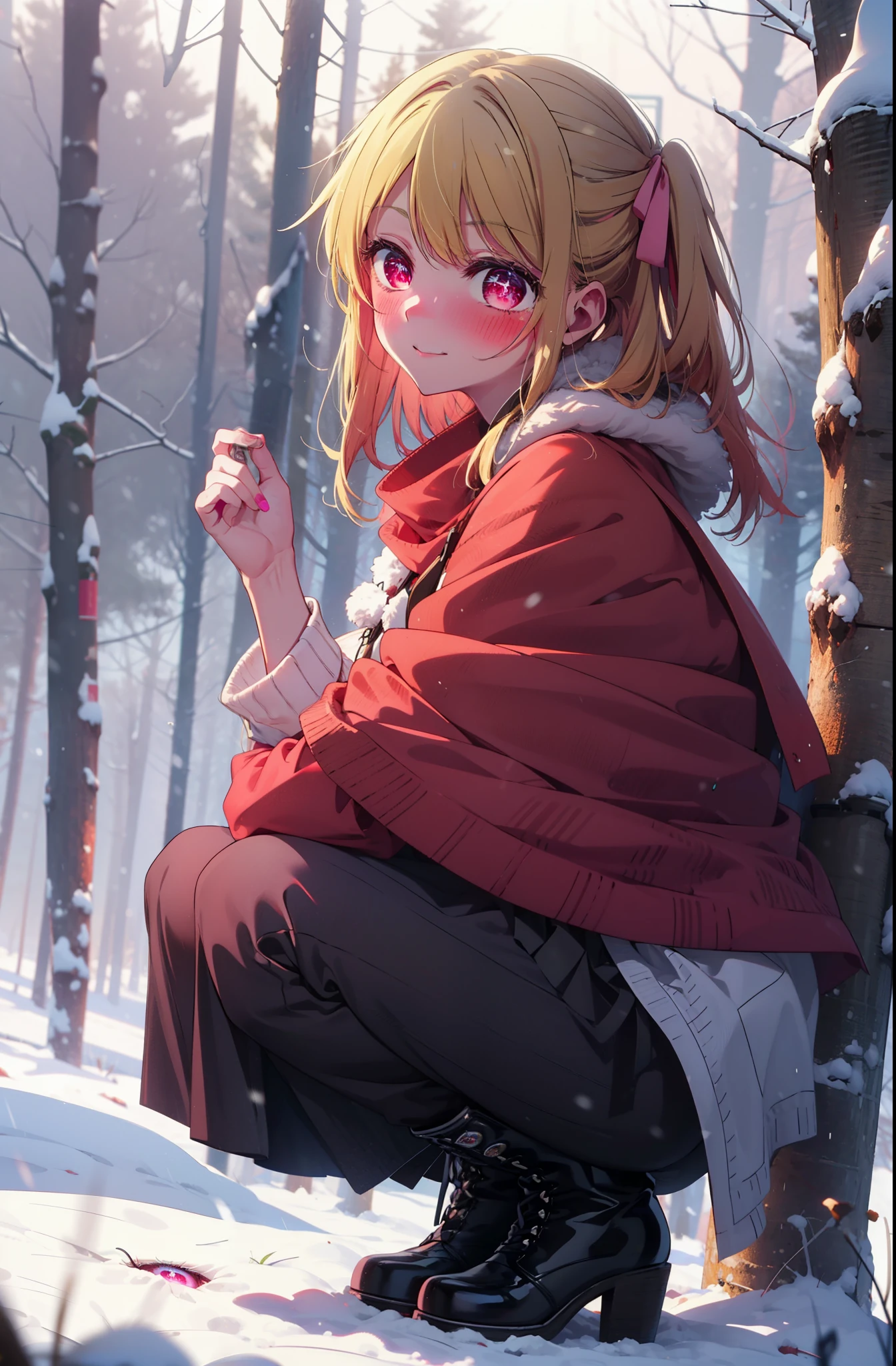 rubyhoshino, Hoshino Ruby, Long Hair, bangs, blonde, (Pink Eyes:1.3), Side Lock, (Symbol-shaped pupil:1.5), Multicolored Hair, Two-tone hair, smile,,smile,blush,white breath,
Open your mouth,snow,Ground bonfire, Outdoor, boots, snowing, From the side, wood, suitcase, Cape, Blurred, , forest, White handbag, nature,  Squat, Mouth closed, Cape, winter, Written boundary depth, Black shoes, red Cape break looking at viewer, Upper Body, whole body, break Outdoor, forest, nature, break (masterpiece:1.2), Highest quality, High resolution, unity 8k wallpaper, (shape:0.8), (Beautiful and beautiful eyes:1.6), Highly detailed face, Perfect lighting, Highly detailed CG, (Perfect hands, Perfect Anatomy),