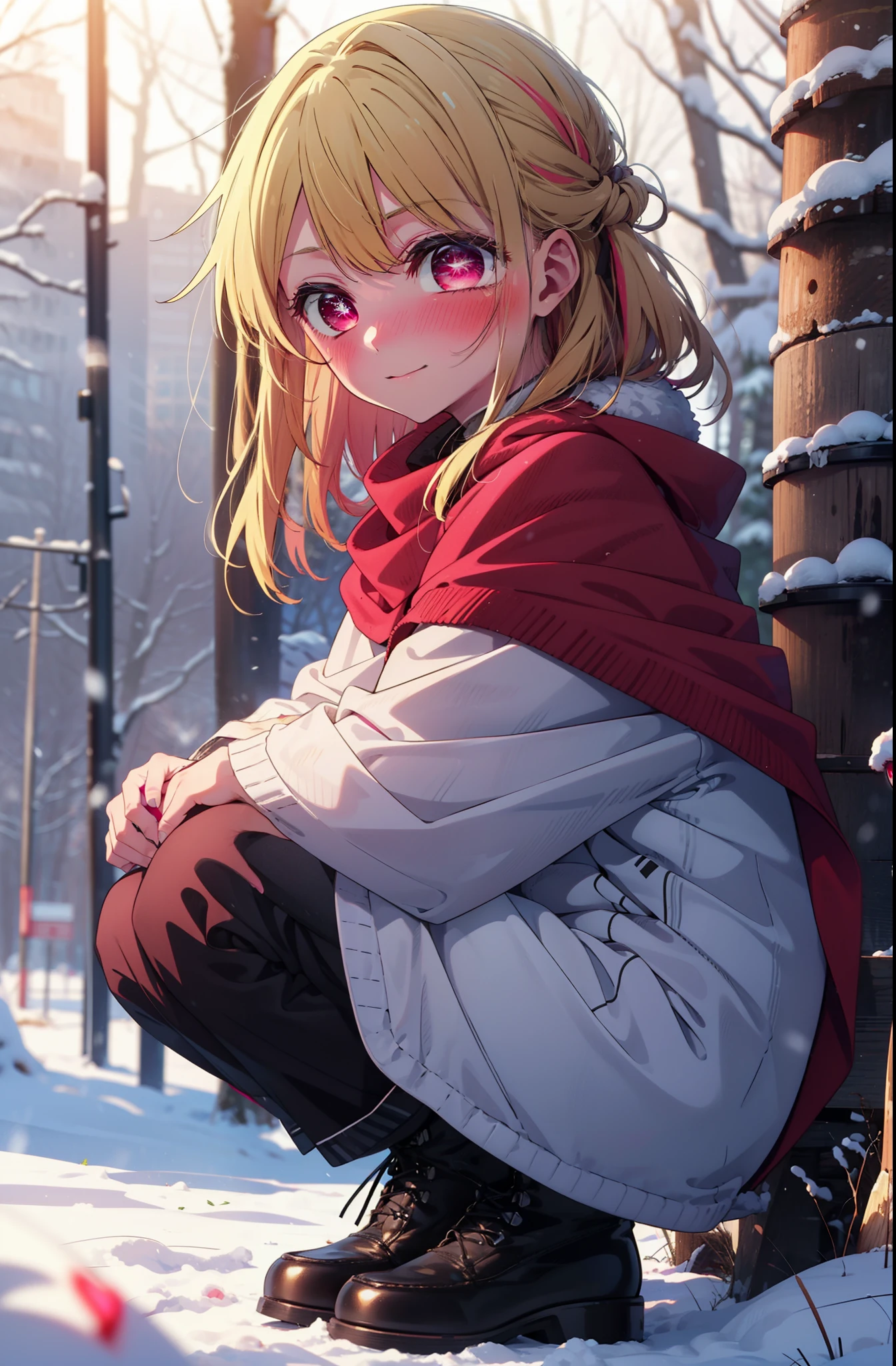 rubyhoshino, Hoshino Ruby, Long Hair, bangs, blonde, (Pink Eyes:1.3), Side Lock, (Symbol-shaped pupil:1.5), Multicolored Hair, Two-tone hair, smile,,smile,blush,white breath,
Open your mouth,snow,Ground bonfire, Outdoor, boots, snowing, From the side, wood, suitcase, Cape, Blurred, , forest, White handbag, nature, Squat, Mouth closed, Cape, winter, Written boundary depth, Black shoes, red Cape break looking at viewer, Upper Body, whole body, break Outdoor, forest, nature, break (masterpiece:1.2), Highest quality, High resolution, unity 8k wallpaper, (shape:0.8), (Beautiful and beautiful eyes:1.6), Highly detailed face, Perfect lighting, Highly detailed CG, (Perfect hands, Perfect Anatomy),