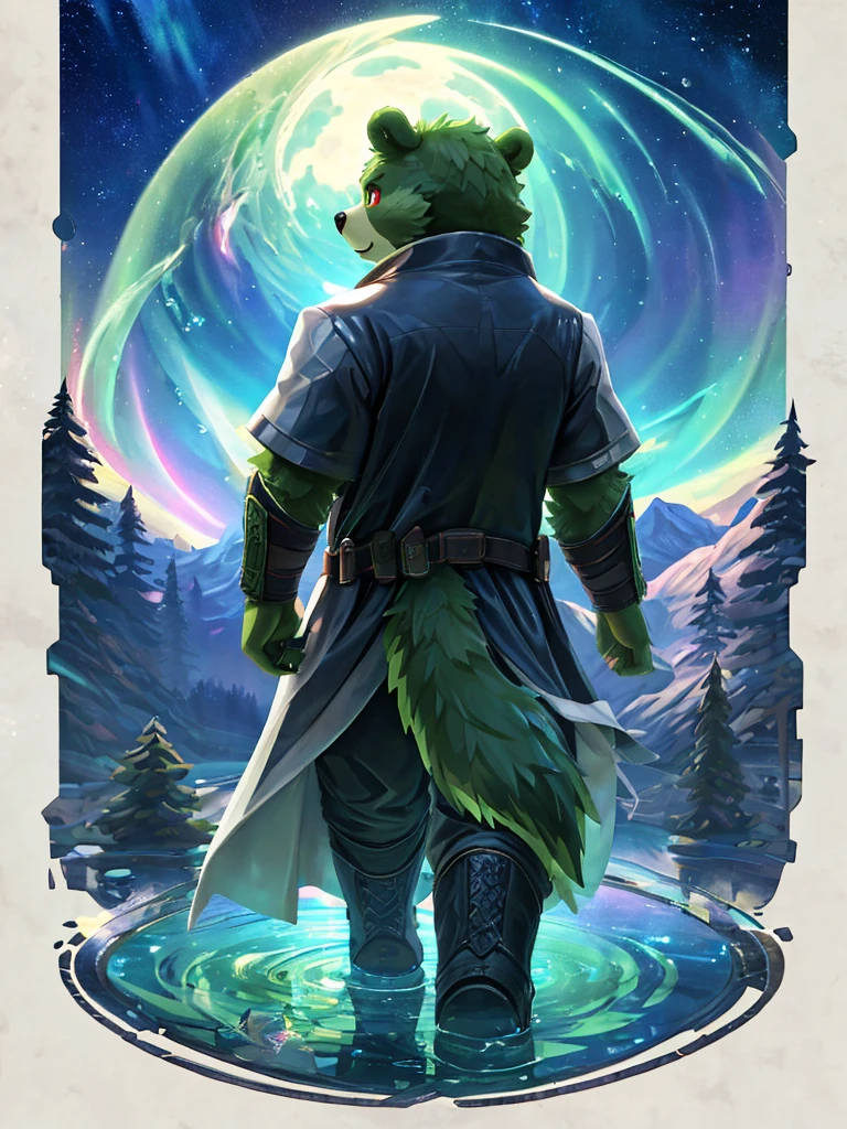 anthro, kemono, male, solo,  (((green bear))), (((green fur))), green hair, beard, white eyebrows, red eyes, mature, mage staff, magic, (black t-shirt inside), (((white unhooded trench coat ))), gray trousers, military boots, [(white background:1.5),::5] (isometric:1.0), double exposure, bubble, mid shot, full body, // masterpiece, best quality,(colorful),(finely detailed beautiful eyes and detailed face),cinematic lighting,bust shot,extremely detailed CG unity 8k wallpaper,back-view, looking back, visible shoulders, walking on pond, water reflection, pond, medium breast, aurora sky, night sky, galaxy sky, horizon, mountains, forest, moon