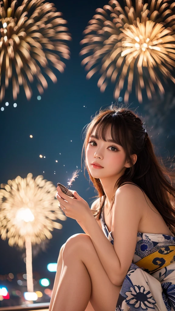 (Highest quality, 8k, masterpiece: 1.3),double eyelid　Fine grain　Highly detailed face and skin　Beautiful legs　Fireworks display　yukata