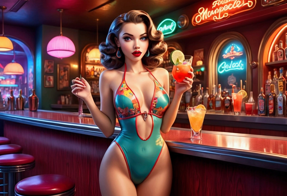 A gorgeous 1940s style cartoon woman in a tiny swimsuit, detailed face, beautiful detailed eyes, beautiful detailed lips, serving drinks in a rockin' cartoon character filled bar, zany cartoon characters having a good time and acting like fools, luxurious cocktail bar interior, retro futuristic atmosphere, neon lights, detailed glassware, vibrant colors, dynamic composition, highly detailed, 4k, photorealistic, masterpiece