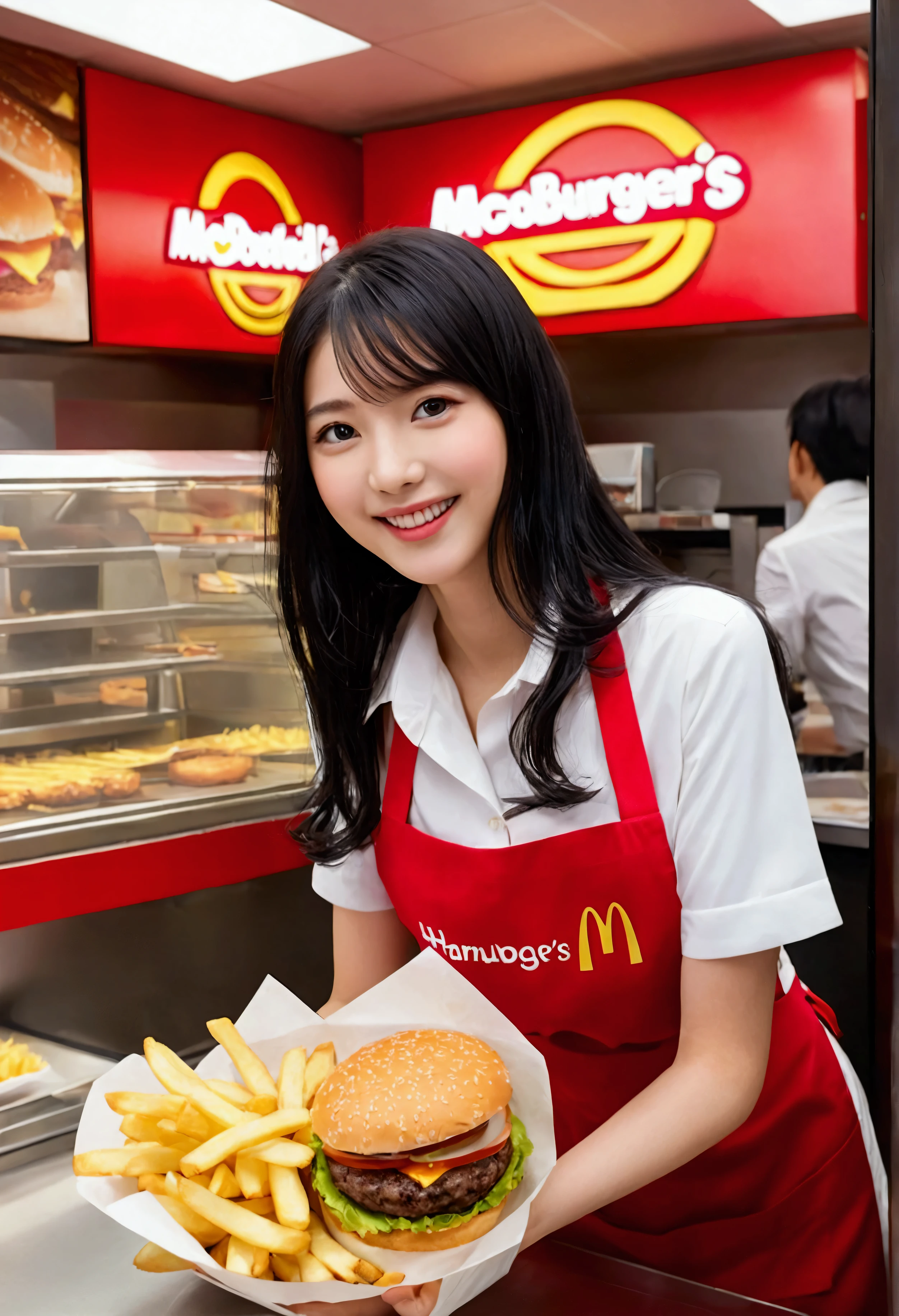 HigheSt quality, Great quality, 16K, Unbelievably abSurd, Very detailed, delicate and dynamic, Software, Natural light, , DiffuSe reflection of light, Vortex of Light, In-Store pop, , FaSt Food ReStaurant, McDonald'S, hamburger, Sparkling, Create amazing image effectS, caSh regiSter, Upper body cloSe-up, (Cute Sexy girl, , Sexy long legS, Hamburger shop clerk, SenSual expreSSion, Are you okay, Active, Smile, Cook the pattieS, Make a hamburger, Frying French frieS, paper bag, buSy, , Long black hair, Hamburger shop uniform, Store clerk uniform, Wear a hamburger shop assistant hat,)