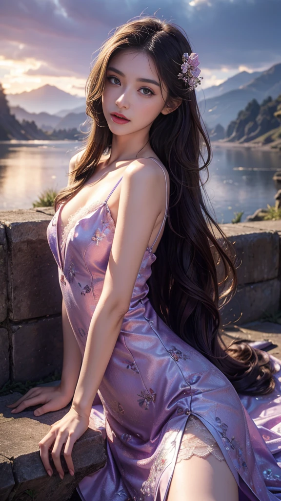8K, UHD, masterpiece, 1 girl, good face, very long hair, detailed eyes, detailed lips, light makeup, small breasts, fairytale dress, purple dress, ((strap)) lace, stocking, in the cloud, cloudy sky, flowers, water, heaven, flying birds, dim lighting, realistic shadow, bloom, ray tracing, sitting,