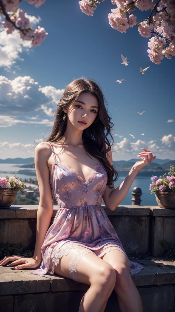 8K, UHD, masterpiece, 1 girl, good face, very long hair, detailed eyes, detailed lips, light makeup, small breasts, fairytale dress, purple dress, ((strap)) lace, stocking, in the cloud, cloudy sky, flowers, water, heaven, flying birds, dim lighting, realistic shadow, bloom, ray tracing, sitting,