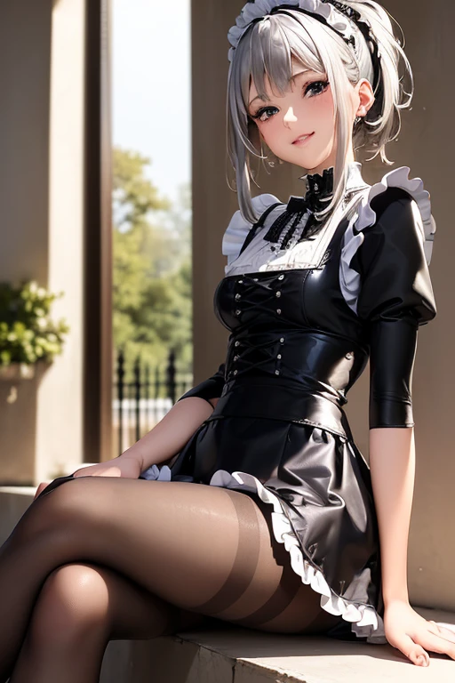 #基本 
A girl is posing for a photo, ((One Girl)), (((Baby Face:1.2)) + ((cute:1.3))), 
#A girl is posing for a photo, ((One Girl)), (((Baby Face)) + ((cute)) + 16 years old), 
break 

#Clothing Accessories 
(((Black and white)Gothic Lolita style maid outfit) : Elegant + (Dirndl) + Gothic Lolita Fashion + Dark Gothic Lolita + (Black and white)jabot + (black corset) + ((Black and white)Headdress) + (White apron)) + (Low denier black pantyhose:1.4) + (Black High Heels), 
red gem earrings, 
break 

#Features 
((Silver Hair:1.4)), (I can see a beautiful forehead:1.3), (ponytail : A little short hair + Curly hair + Fuller Hair),  
(Droopy eyes, blue eyes, (Big eyes:1.2)), (Very small breasts), 
break 

#background environment 
(noon, (The garden of a large Western-style mansion + grass + Garden of roses + The sun shines on the girl)), 
#Facial Expression Pose 
((smile:1.3), blush), (Confident and elegant appearance, (Sitting with legs crossed)), 
#composition 
(To the camera, (Focus from the side), (whole body)),  
break 

#Body parts elements 
(Slim figure), 
(Detailed Hair, Beautiful Hair, Shiny Hair), 
(double eyelid, Long eyelashes), 
(Expression of fine eyes, Beautiful and delicate eyes, Sparkling eyes, Eye Reflexes, Glitter Eyeliner), 
(Human Ear), 
(Beautiful Nose, Thin Nose), 
(Glossy Lips, Beautiful Lips, Thick lips, Glossy Lips, Natural Cheeks), 
(Detailed face, Symmetrical facial features), 
(Detailed skin, Textured skin, Beautiful Skin, Glowing Skin), 
break 

#Quality Image Quality Common 
(((Highest quality)), ((masterpiece)), ((Very detailed))), ((High resolution)), ((16K,1080P)), 
(Anatomically correct), (Realistic), (3DCG), 

#Quality image illustration 
((comics, anime)), CG illustration, 
