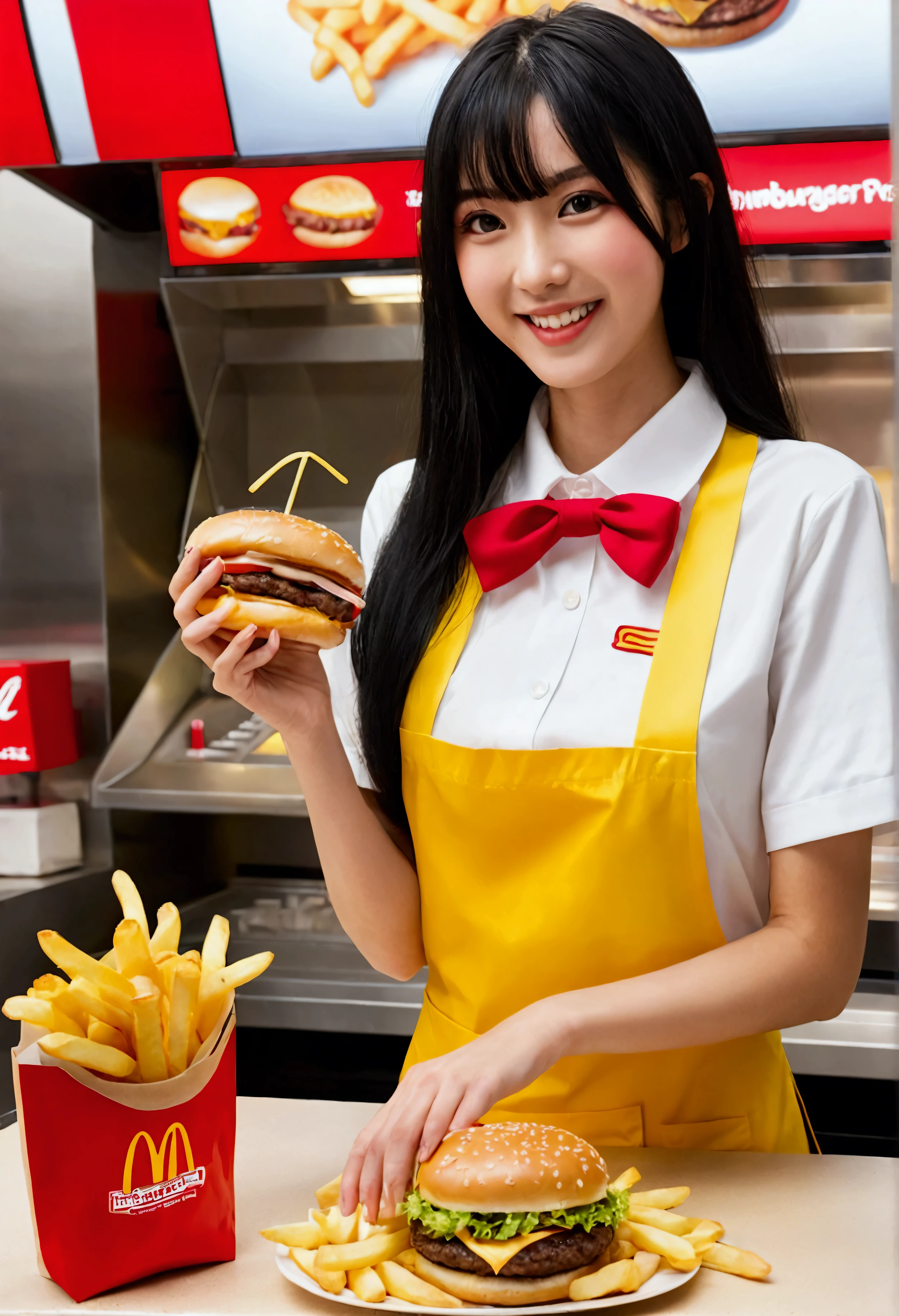 HigheSt quality, Great quality, 16K, Unbelievably abSurd, Very detailed, delicate and dynamic, Software, Natural light, , DiffuSe reflection of light, Vortex of Light, In-Store pop, , FaSt Food ReStaurant, McDonald'S, hamburger, Sparkling, Create amazing image effectS, caSh regiSter, Upper body cloSe-up, (Cute Sexy girl, , Sexy long legS, Hamburger shop clerk, SenSual expreSSion, Are you okay, Active, Smile, Cook the pattieS, Make a hamburger, Frying French frieS, paper bag, buSy, , Long black hair, Hamburger shop uniform, Store clerk uniform, Wear a hamburger shop assistant hat,)