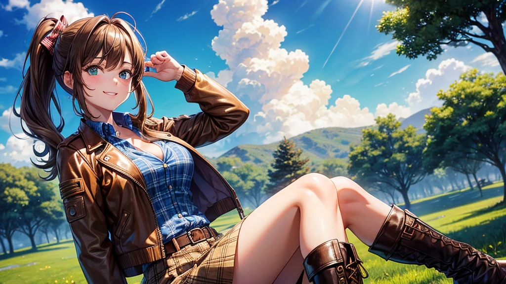 1girl, solo, village, trees, sun, clouds, sream, ((brown hair)), ponytail, large breasts, ((brown leather jacket)), button down shirt, ((blue checked shirt)), ((unbuttoned shirt)), unbuttoning buttons, cleavage 1:3, green eyes, long skirt, brown boots, smile, happy, looking at the viewer, standing, hair ribbon, golden necklate