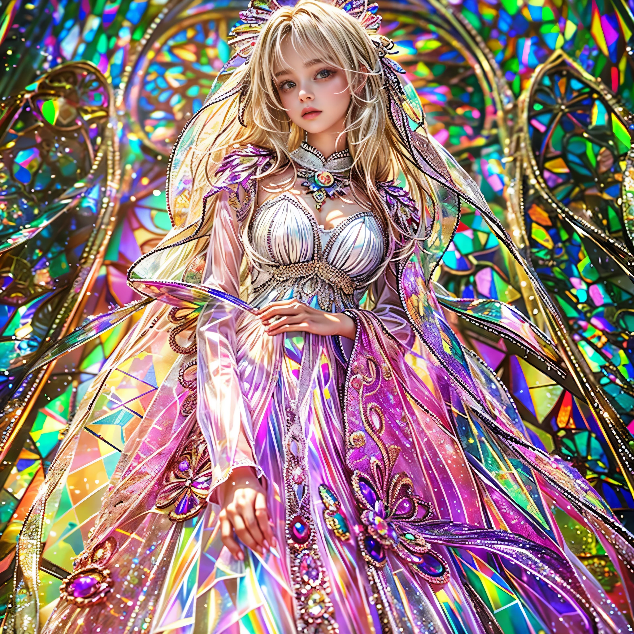  (Cathedral from below:1.28) (ZoomLayer) ((TopQuality 8K masterpiece of (Professional photo:1.37)), (((Clarisse de Cagliostro))) (Detailed White WeddingDresses), Chain, (((Extremely detailed KAWAII face))) {((VeiledFace))|BlondeHair|(Elaborate BuleEyes)with(SparklingHighlights:1.28)}, The background is distant (((Elaborate stained glass))) Rainbow Glass, {(MysticSight)|EnchantingAtmosphere|Haze|(GodRays)|TyndallEffect}, Radiant PearlSkin with Transparency, (Exposed:0.88)