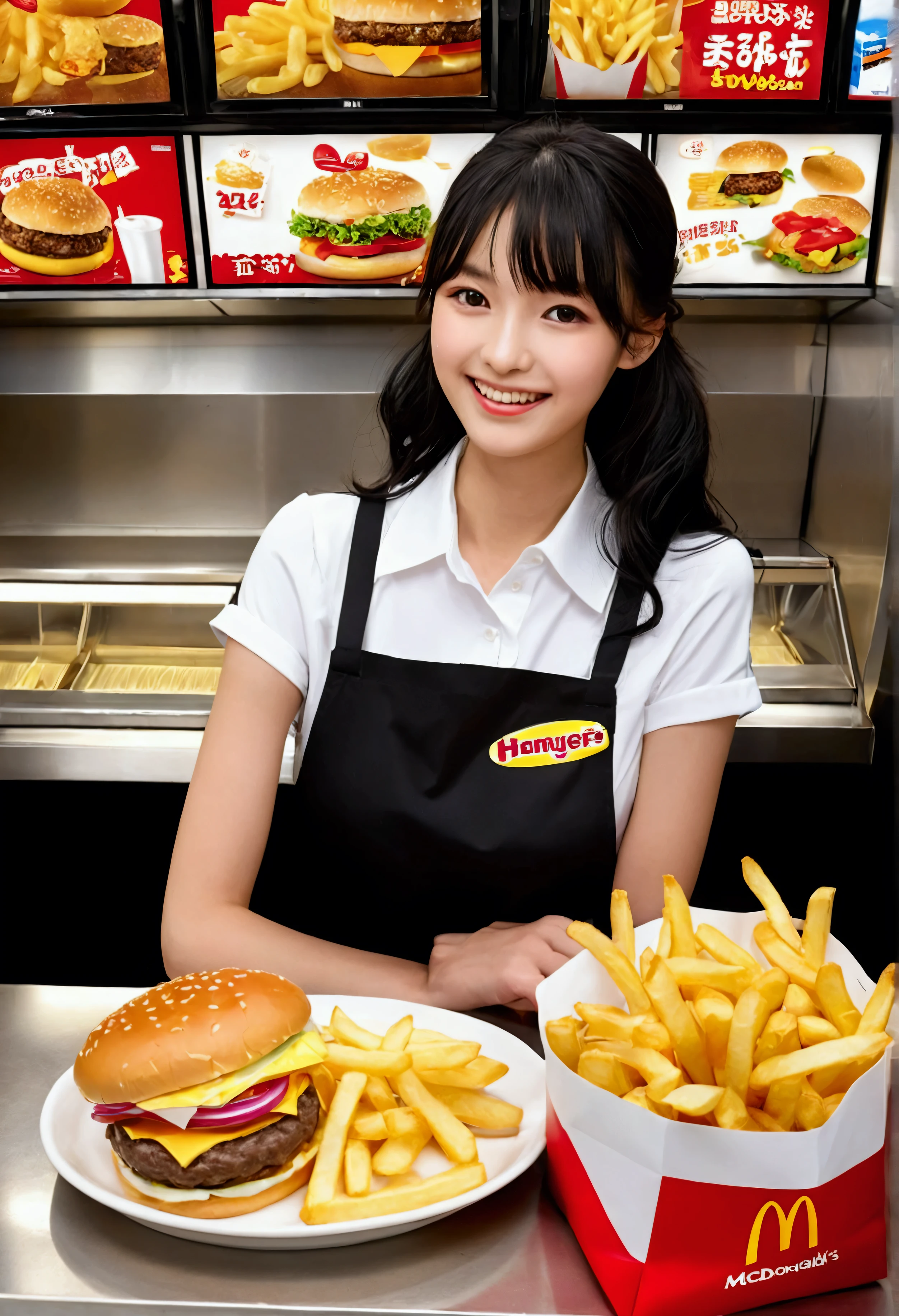HigheSt quality, Great quality, 16K, Unbelievably abSurd, Very detailed, delicate and dynamic, Software, Natural light, , DiffuSe reflection of light, Vortex of Light, In-Store pop, , FaSt Food ReStaurant, McDonald&#39;S, hamburger, Sparkling, Create amazing image effectS, caSh regiSter, Upper body cloSe-up, (Cute Sexy girl, , Sexy long legS, Hamburger shop clerk, SenSual expreSSion, Are you okay, Active, Smile, Cook the pattieS, Make a hamburger, Frying French frieS, paper bag, buSy, , Long black hair, Hamburger shop uniform, Store clerk uniform, Wear a hamburger shop assistant hat,)