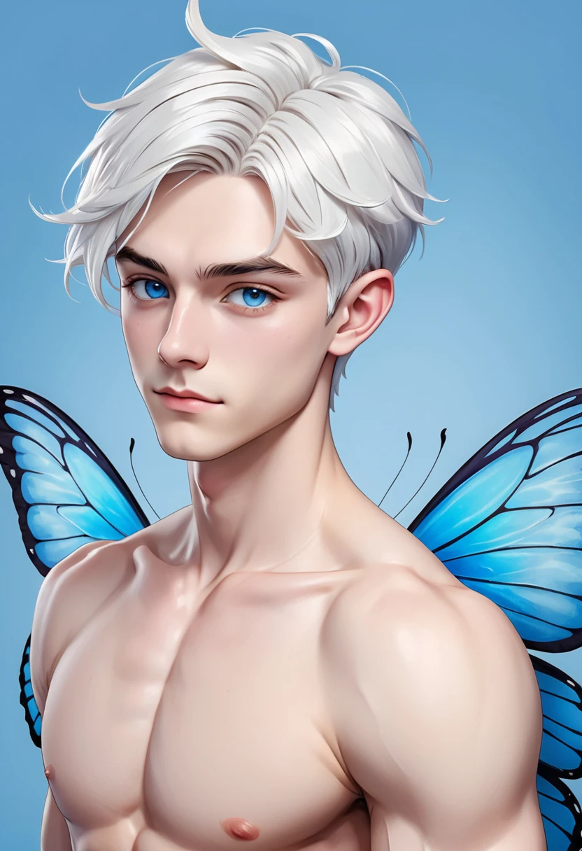 Create a handsome 22 year old boy with short white hair on the sides, blue eyes, White skin, pointy ears, with muscle and a light blue background with butterfly wings