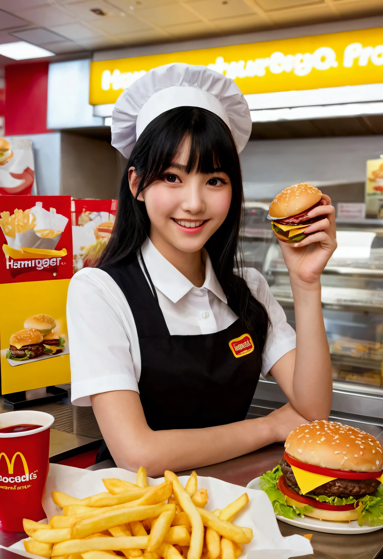HigheSt quality, Great quality, 16K, Unbelievably abSurd, Very detailed, delicate and dynamic, Software, Natural light, , DiffuSe reflection of light, Vortex of Light, In-Store pop, , FaSt Food ReStaurant, McDonald'S, hamburger, Sparkling, Create amazing image effectS, caSh regiSter, Upper body cloSe-up, (Cute Sexy girl, , Sexy long legS, Hamburger shop clerk, SenSual expreSSion, Are you okay, Active, Smile, Cook the pattieS, Make a hamburger, Frying French frieS, paper bag, buSy, , Long black hair, Hamburger shop uniform, Store clerk uniform, Wear a hamburger shop assistant hat,)