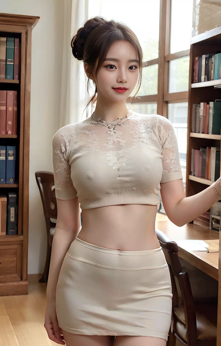 (((Neat woman, hide,Eyes bright with excitement,Smile,blush,blush,Red cheeks,Please touch me,audience,I want you))),(Lying on the huge table),((((blush,Red cheeks,Sweat)))),(light), (Photo real:1.4)、(Surrealism:1.4)、(Reality:1.3)、 (柔和的light: 1.05)、(改善视频的light质量:0.9)、 32K、25-year-old female、逼真的light、Backlighting、Face Light、Ray Tracing、(bright:1.2)、(quality improvement:1.4)、 (Highest quality real texture skin)、beautiful eyes,Delicate face、 Close-up of face, ((Wearing the beige Aerial uniform,Aerial,Fitted tulle mini skirt,navy,High heel),(Improved body lines and mood:1.1)、Smooth skin、Korean Idol、Nogizaka Idol、Good shape,Perfect anatomical structure,Beautiful actress,(((Beautiful big breasts,Slim waist,Slim hips,Long legs,8 heads high))),(((8 heads high))),(((Side-parted bun,Curtain bangs))),(((In the library's beautiful modern office,Super clean night view,in the evening))),necklace,bracelet,Lace neck,Open clothes and obvious cleavage,belly button。