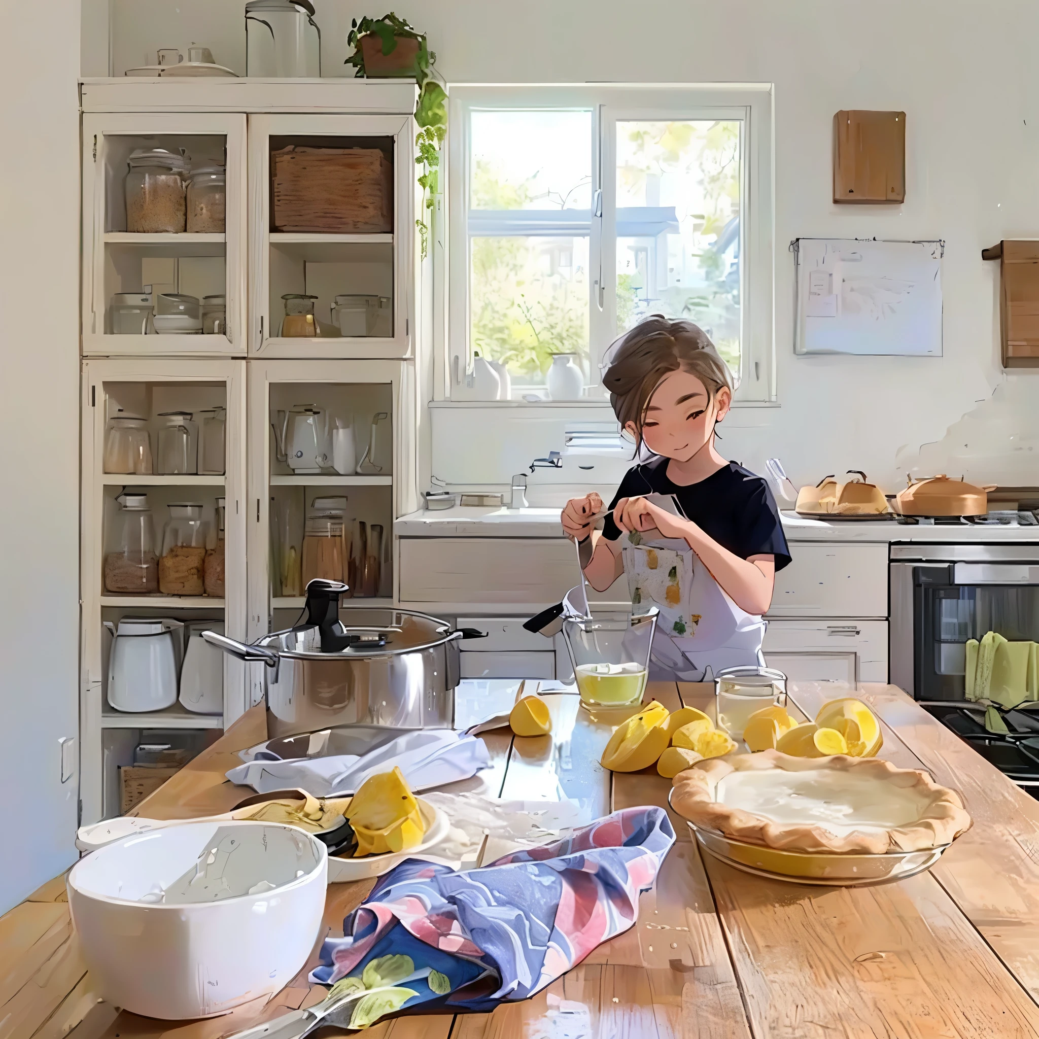 there is a young boy that is making a pie in the kitchen, in the kitchen, by Lucette Barker, in the kitchen, Home cooking on a sunny day, by Lisa Donnelly, Jackie Morgan, Ziona Shimshi, Elizabeth Durac, Mixed Art, Hazel Armour, author: Jack Kemp, Nicolette McNamara