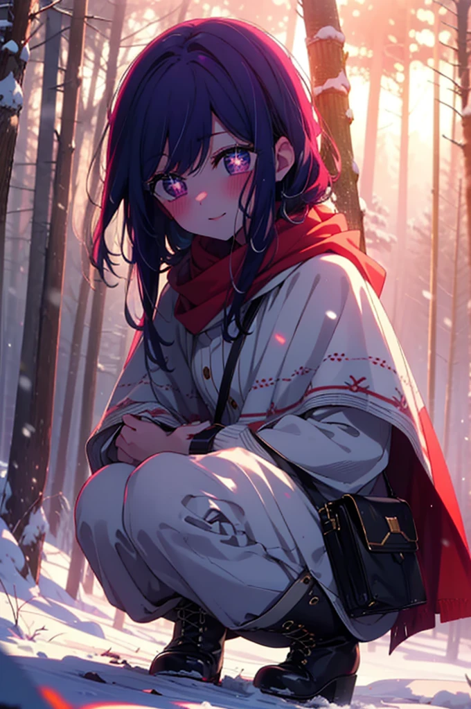 aihoshino, Ai Hoshino, Long Hair, bangs, (Purple eyes:1.1), Purple Hair, (Symbol-shaped pupil:1.5), smile,,smile,blush,white breath,
Open your mouth,snow,Ground bonfire, Outdoor, boots, snowing, From the side, wood, suitcase, Cape, Blurred, , forest, White handbag, nature,  Squat, Mouth closed, Cape, winter, Written boundary depth, Black shoes, red Cape break looking at viewer, Upper Body, whole body, break Outdoor, forest, nature, break (masterpiece:1.2), Highest quality, High resolution, unity 8k wallpaper, (shape:0.8), (Beautiful and beautiful eyes:1.6), Highly detailed face, Perfect lighting, Highly detailed CG, (Perfect hands, Perfect Anatomy),