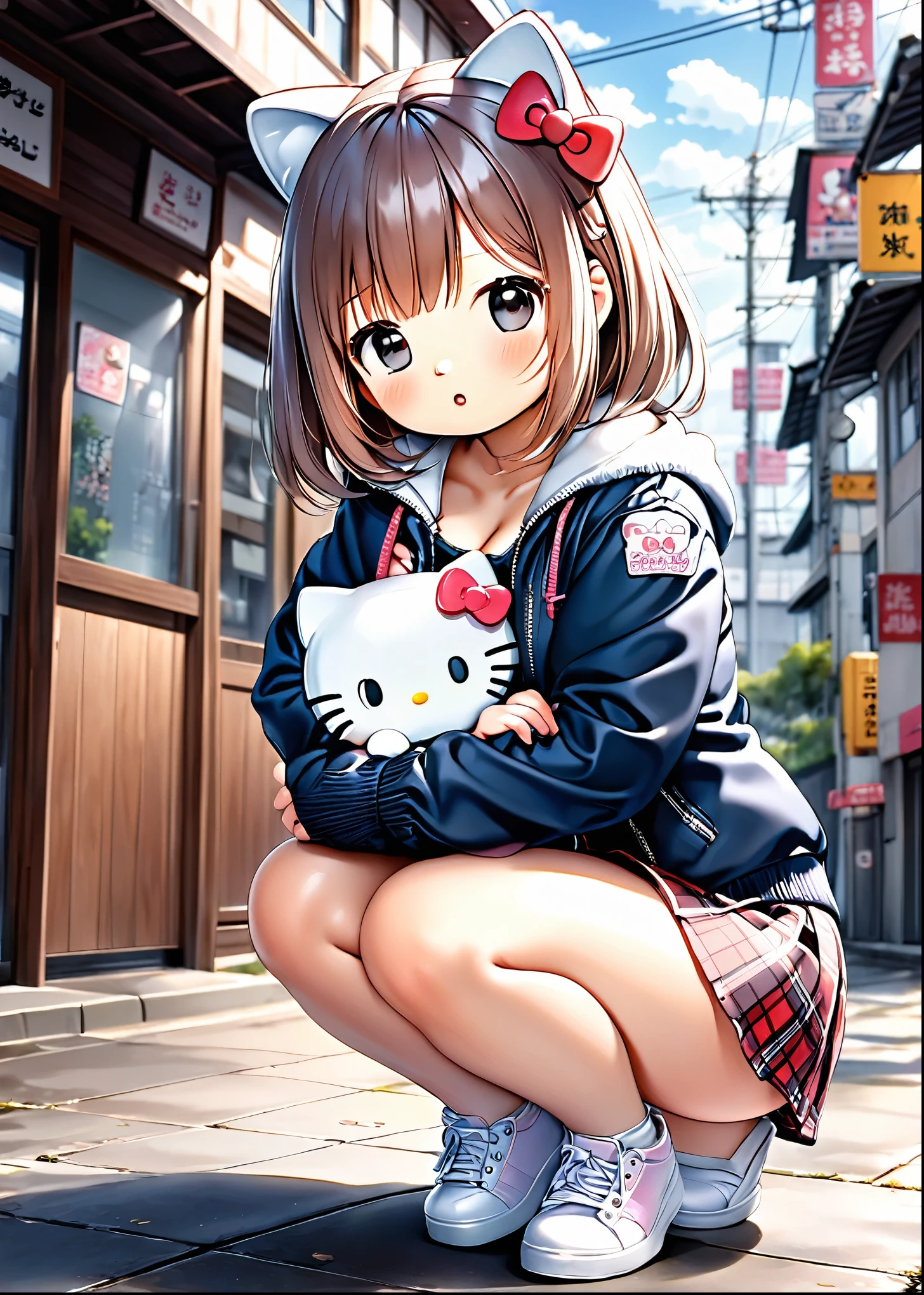 Hello kitty.- hello kitty humana.- cabeça da hello kitty gato., Caucasian skin,. cat nose., lora:char-Nakiri Erina-v2:1>, 1 girl, I admit it, Kneeling, thicc thighs, navy thicc thighs, jaket, plaid hip skirt, hands on breasts, plein-air, アニメ_screen capture_there's a lot of hello kitty body
