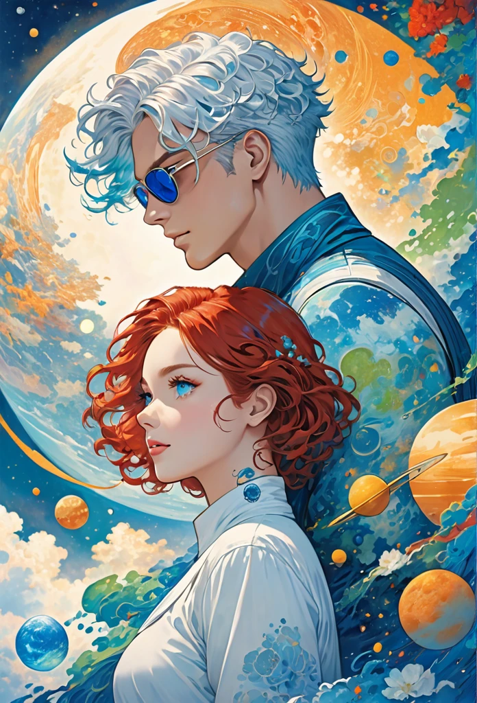 Two main characters staring at each other intensely. The woman has curly red hair that falls long over her shoulders., with eyes that mix the colors of honey and green. The man has short white hair with shades of light blue, gray blue eyes and a blue tattoo that runs up his neck. The cover background displays a planet in shades of white and blue, creating an ethereal and futuristic setting. The characters' expressions are profound, suggesting an emotional connection and an engaging story. Soft lighting highlights the details of faces and the vibrant colors of hair and eyes, while the planet in the background adds a touch of mystery and fantasy.