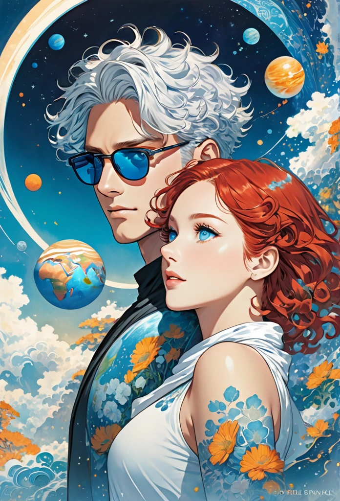 Two main characters staring at each other intensely. The woman has curly red hair that falls long over her shoulders., with eyes that mix the colors of honey and green. The man has short white hair with shades of light blue, gray blue eyes and a blue tattoo that runs up his neck. The cover background displays a planet in shades of white and blue, creating an ethereal and futuristic setting. The characters' expressions are profound, suggesting an emotional connection and an engaging story. Soft lighting highlights the details of faces and the vibrant colors of hair and eyes, while the planet in the background adds a touch of mystery and fantasy.