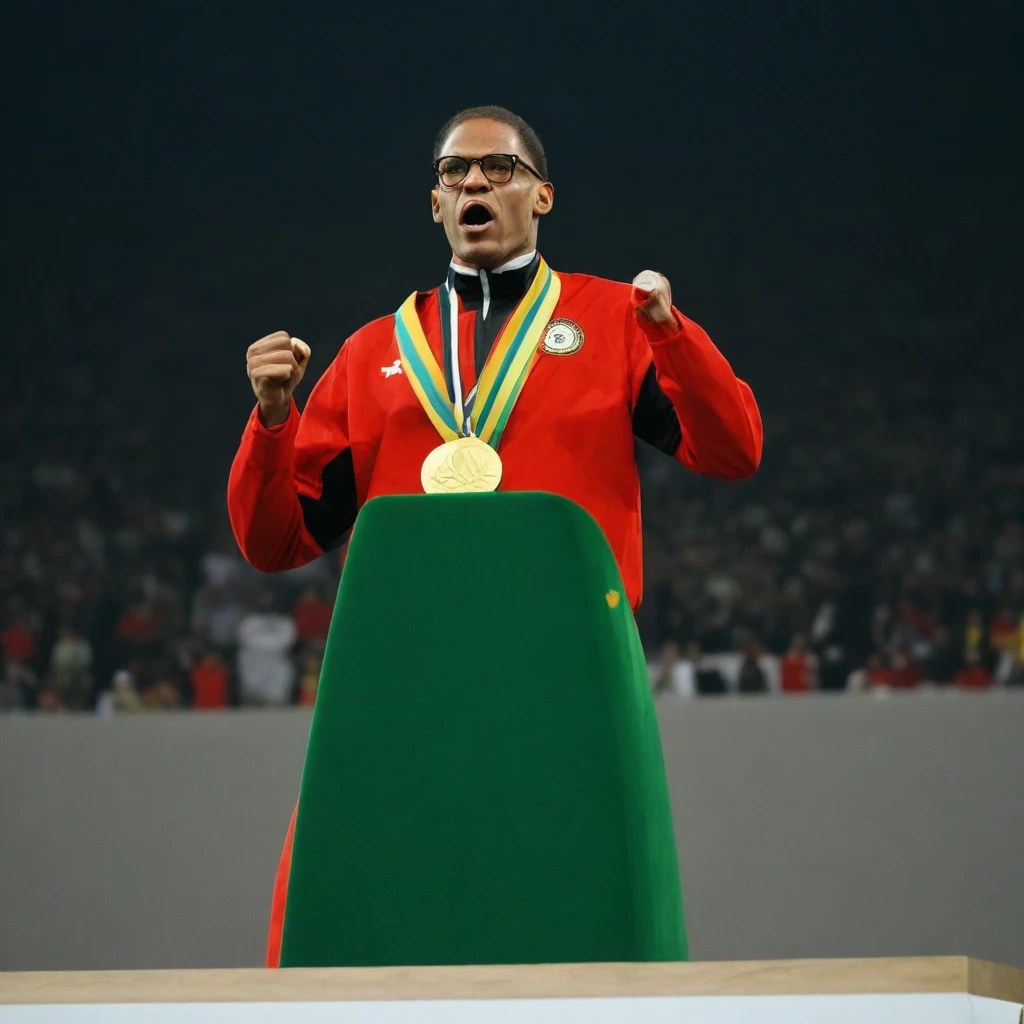 create an image of Malcolm X atop the podium in the middle of a world sports olympics stadium winning gold medals and holding a gold trophy, dressed in an Olympic uniform in red, black and green, celebrating with a victory face