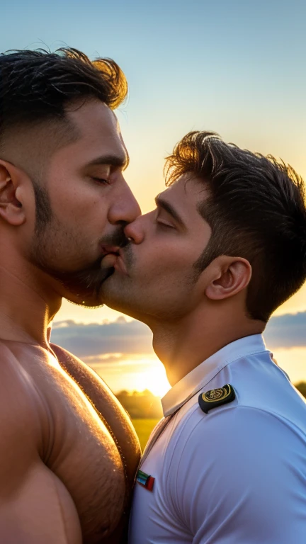 Hd, hdr, cinematic, Handsome 40 years old indian pilot thick beared daddy man masculine strong bodybuilder kissing young slim boy, realistic, original photography, in sunlight