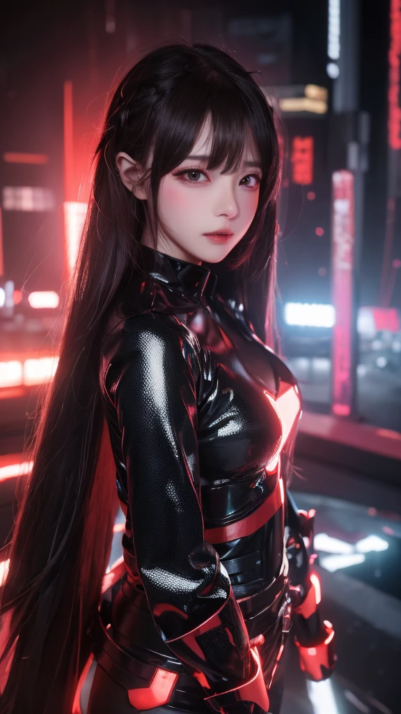 high resolution,8k,1女の子のDetailed, Cyberpunk Costume,Only black clothing,The costume is shiny,Shiny red long hair,8k,Detailed目,8k, Detailed,The background is white only,