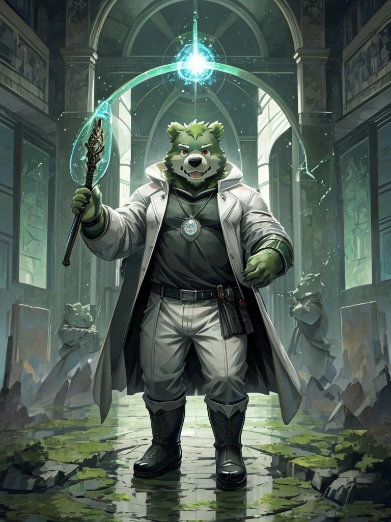 anthro, kemono, male, solo, (((green bear))), (((green fur))), green hair, beard, white eyebrows, red eyes, mature, mage staff, magic, (black t-shirt inside), (((white unhooded trench coat ))), gray trousers, military boots,