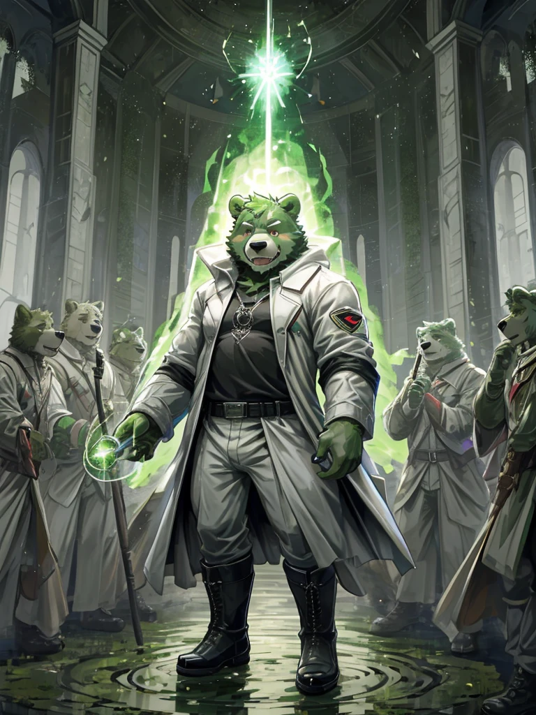 anthro, kemono, male, solo, (((green bear))), (((green fur))), green hair, beard, white eyebrows, red eyes, mature, mage staff, magic, (black t-shirt inside), (((white unhooded trench coat ))), gray trousers, military boots,