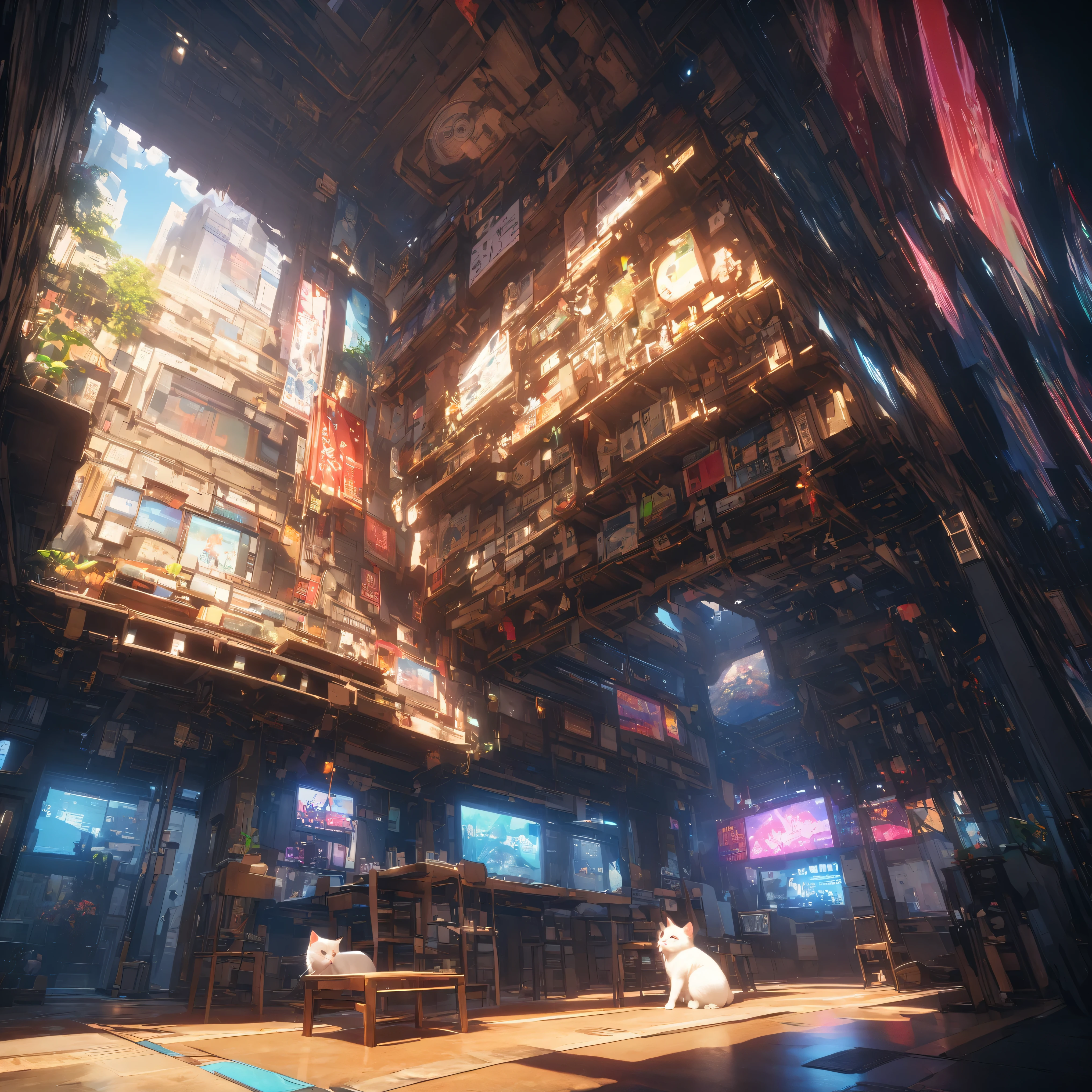 (panorama, center, masterpiece, Highest quality: 1.2), (8k, RAW Photos, Highest quality), ((masterpiece:1.2)), Genuineistic, Ultra-high resolution, High Contrast, Photon Mapping, Bright colors, Genuine, Very detailedな, Very detailed, RAW Photos, Genuine, Official Art, RAW Photos, Professional Lighting, Light, Professional Writing, twiceLight, Vivid atmosphere, High-definition CG, Unity 8K), The girl in the middle of the people&#39;s teeth、With a white kitten、穏やかな表情でPeople around me々々Please be kind、Your teeth spread out towards the starry sky、It symbolizes the expansion of the mind..。People around me々々Also、We treat each other with kindness and gratitude.、The overall atmosphere is warm。This painting is teeth、DayTo feel compassion for others and expand your heart in your daily life、people々It depicts how people should behave politely and calmly..。In the background there is a wide universe and a starry sky.、people々under which they live in kindness and harmony.。The scene on the left shows Day-chan&#39;s polite behavior.、Day々◼ Shows the importance of kindness and politeness in life。Background space and stars々teeth、Emphasizing that our smallest actions are connected to the grandeur of the universe、I feel a sense of abundance and peace of mind.。This painting is teeth、With kindness and an open mind、自分自身とPeople around me々々It represents a day that brings harmony and peace to the world.。
