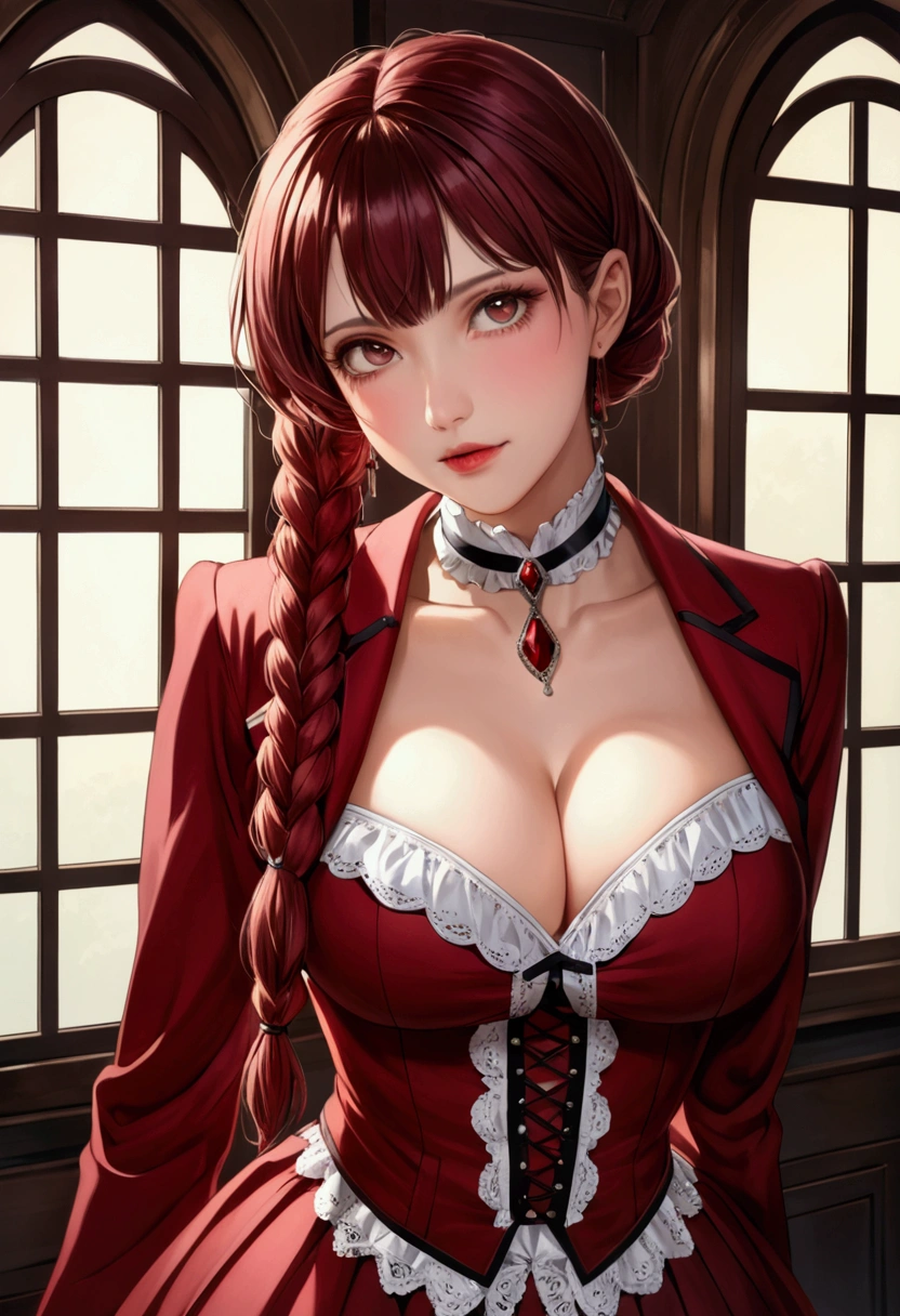 Masterpiece, best quality, 1_woman, (upper body), (Caucasian skin_complexion) (looking away from the viewer) long double hair braids, dark red hair, diamond shaped eyes, , large_bust, chest window, cleavage, dark red (Victorian blazer),tan halter top blouse, double button breast, long dark red (Lolita skirt), silver trim, black tights, barefoot, small waist