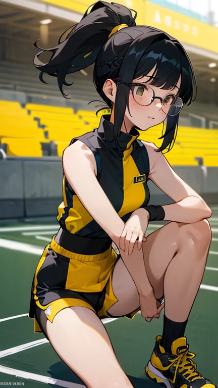 Beautiful Girl Runner, 16 years old, Preparing for running practice, Leaning over to tie shoelaces, Black Hair, ponytail, bangs, Laugh a little, Wearing glasses, ((Wear a sleeveless sports bar, turtleneck, Black and yellow shorts, (Underbust))), The belly line is sexy, Yellow Running Shoes, In the stands of the stadium, anime, High resolution