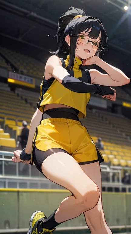 Beautiful Girl Runner, 16 years old, Preparing for running practice, Leaning over to tie shoelaces, Black Hair, ponytail, bangs, Laugh a little, Wearing glasses, ((Wear a sleeveless sports bar, turtleneck, Black and yellow shorts, (Underbust))), The belly line is sexy, Yellow Running Shoes, In the stands of the stadium, anime, High resolution