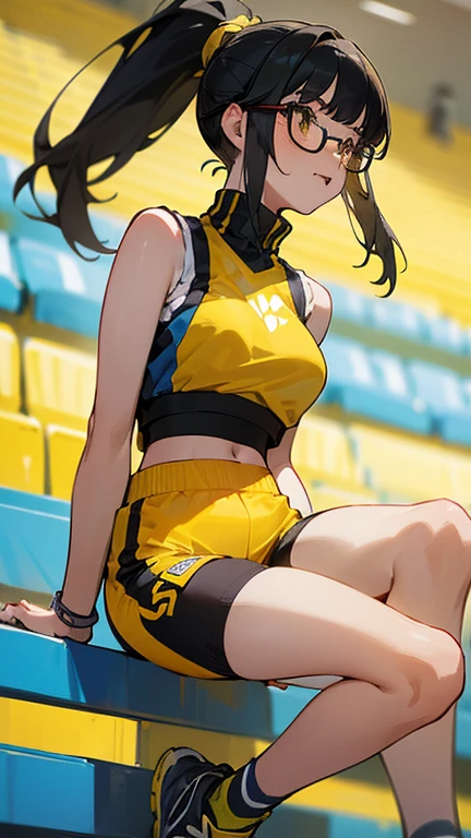 Beautiful Girl Runner, 16 years old, Preparing for running practice, Leaning over to tie shoelaces, Black Hair, ponytail, bangs, Laugh a little, Wearing glasses, ((Wear a sleeveless sports bar, turtleneck, Black and yellow shorts, (Underbust))), The belly line is sexy, Yellow Running Shoes, In the stands of the stadium, anime, High resolution