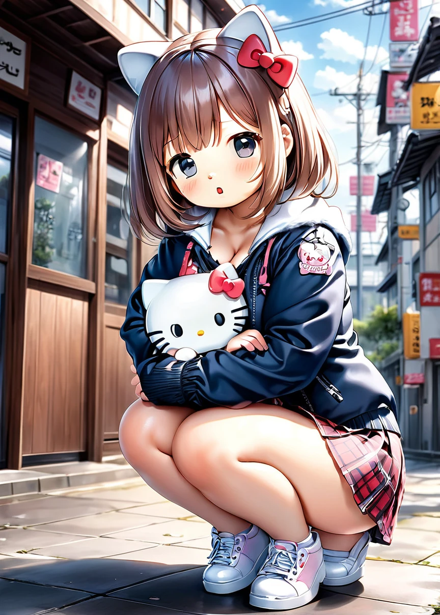 Hello kitty.- hello kitty humana.- cabeça da hello kitty gato., Caucasian skin,. cat nose., lora:char-Nakiri Erina-v2:1>, 1 girl, I admit it, Kneeling, thicc thighs, navy thicc thighs, glued clothes, short black skirt, Hands on breasts,- tem muito hello kitty corpo branco magro thicc thighs grandes