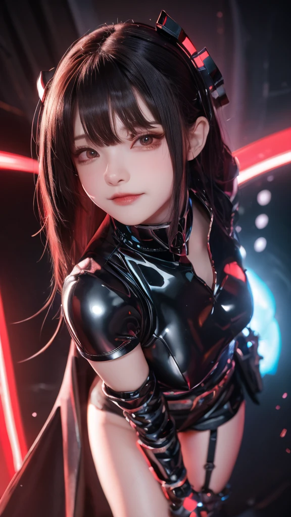 high resolution,8k,1女の子のDetailed, Cyberpunk Costume,Only black clothing,The costume is shiny,Shiny red long hair,8k,Detailed目,8k, Detailed,The background is white