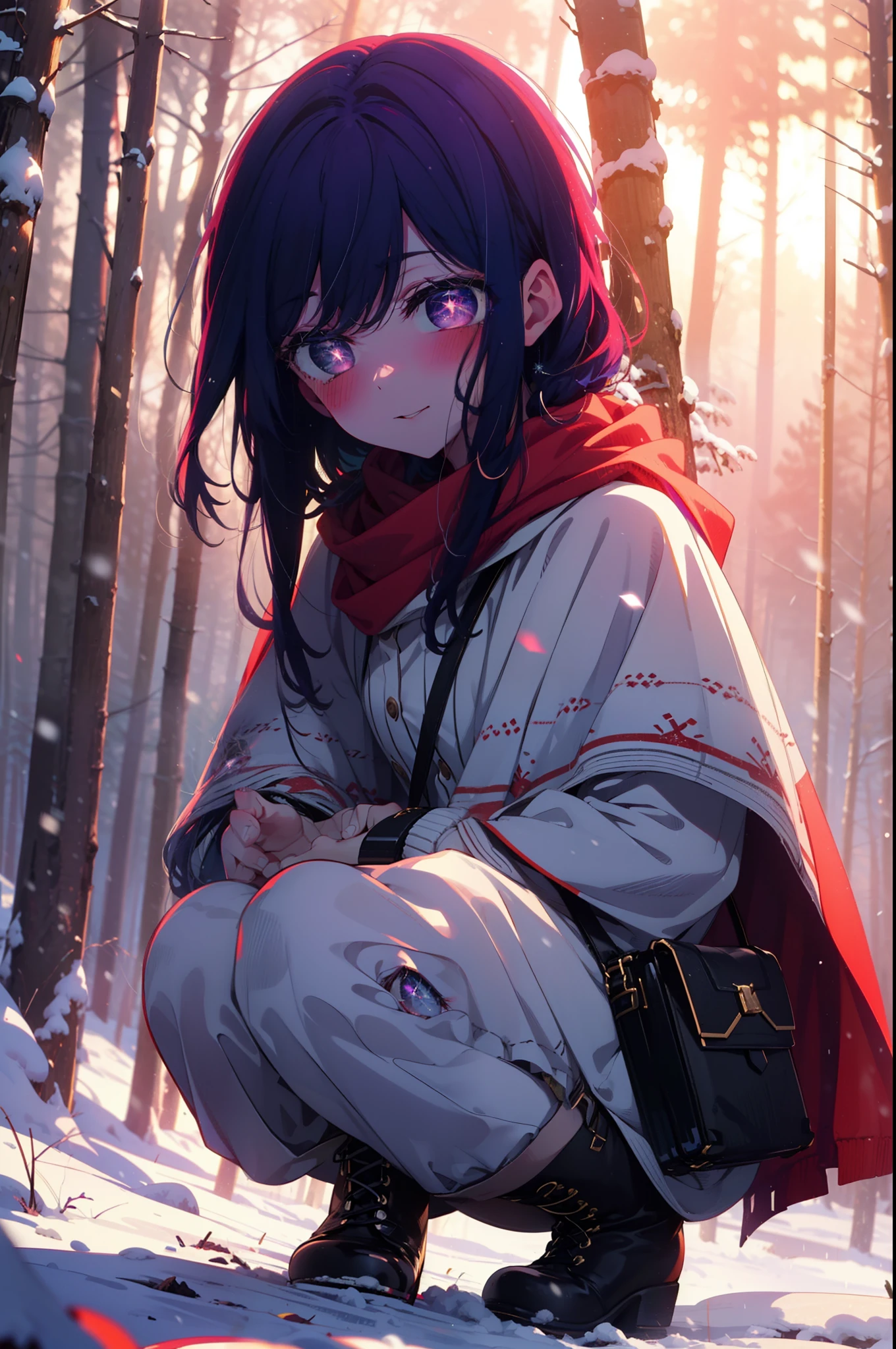 aihoshino, Ai Hoshino, Long Hair, bangs, (Purple eyes:1.1), Purple Hair, (Symbol-shaped pupil:1.5), smile,,smile,blush,white breath,
Open your mouth,snow,Ground bonfire, Outdoor, boots, snowing, From the side, wood, suitcase, Cape, Blurred, , forest, White handbag, nature, Squat, Mouth closed, Cape, winter, Written boundary depth, Black shoes, red Cape break looking at viewer, Upper Body, whole body, break Outdoor, forest, nature, break (masterpiece:1.2), Highest quality, High resolution, unity 8k wallpaper, (shape:0.8), (Beautiful and beautiful eyes:1.6), Highly detailed face, Perfect lighting, Highly detailed CG, (Perfect hands, Perfect Anatomy),