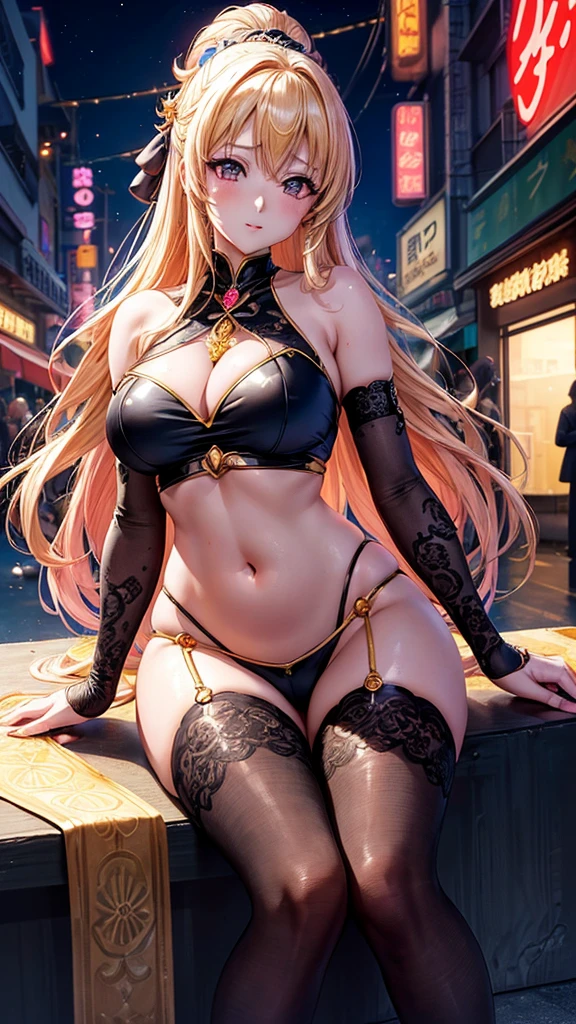 A beautiful woman in gyaru makeup wearing on the bustling streets of Gintama, surrounded by vendors, beautiful portrait of a stunning goddess girl, beautiful detailed face, porcelain skin, full body shot, centered,(black hai,navel:1.2),((moonlight,night,big neons,strong neon lighting,rim lighting,two tone lighting))), sitting at a table