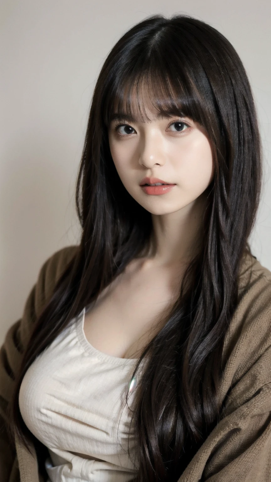 knit tanktop, coat, , (photorealistic:1.4), (best quality:1.0), (ultra highres:1.0), 8k, RAW photo, (masterpiece:0.2), , zydG, 1girl, detailed skin, looking at viewer, brown eyes, (long hair with bangs:1.2), (large breasts), (large areolae:0.8), , (pureerosface_v1:0.5)