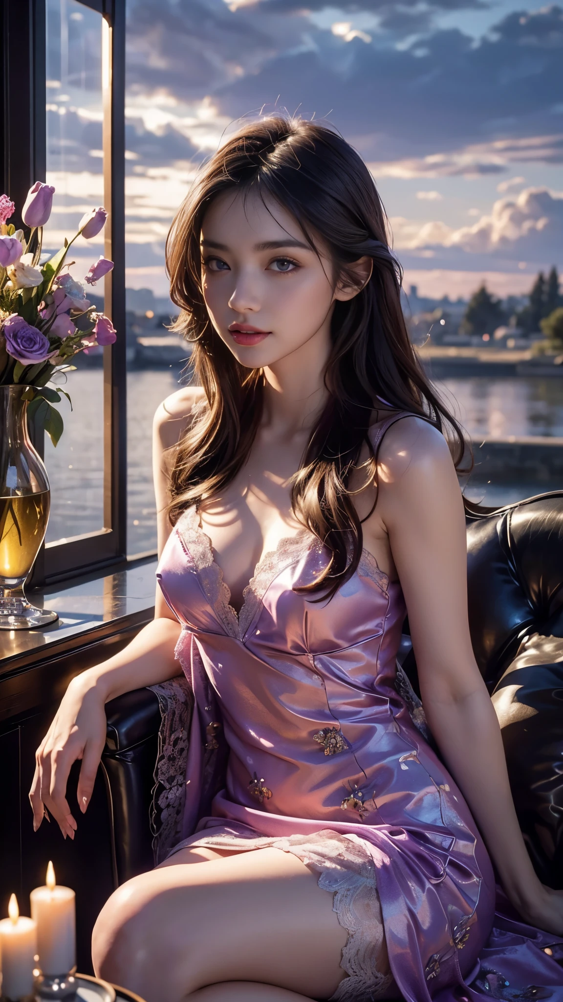 8K, UHD, masterpiece, 1 girl, good face, very long hair, detailed eyes, detailed lips, light makeup, small breasts, ((ornament dress)), purple dress, lace, stocking, in the cloud, cloudy sky, flowers, water, heaven, flying birds, dim lighting, realistic shadow, bloom, ray tracing, sitting,