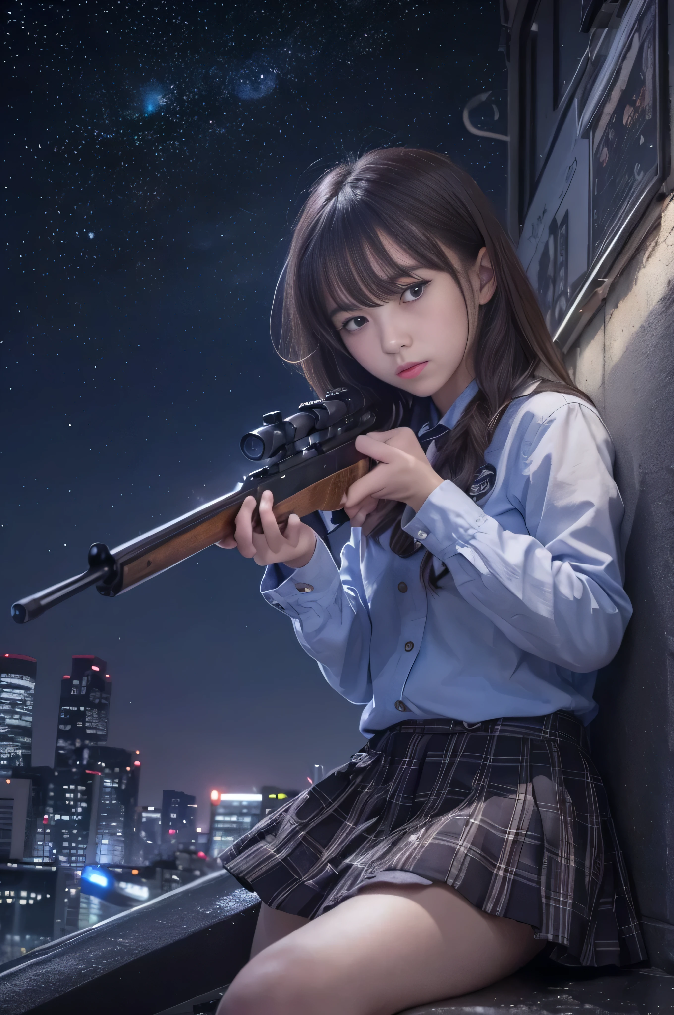 (RAW quality:1.4), 1 female、, Black Hair, (Straight Short Hair:1.4), (so beautiful)、(Beautiful Face:1.5)、(Detailed face)、Are standing、(high School Uniform)、Dark blue jacket、White shirt、tie、Checked mini skirt、Brown hair、(heavy makeup)、(hold the rifle)、(Point your rifle:1.5)、h&In the case of hK416、(On the roof of a high-rise building), night, Starry Sky, milky way,