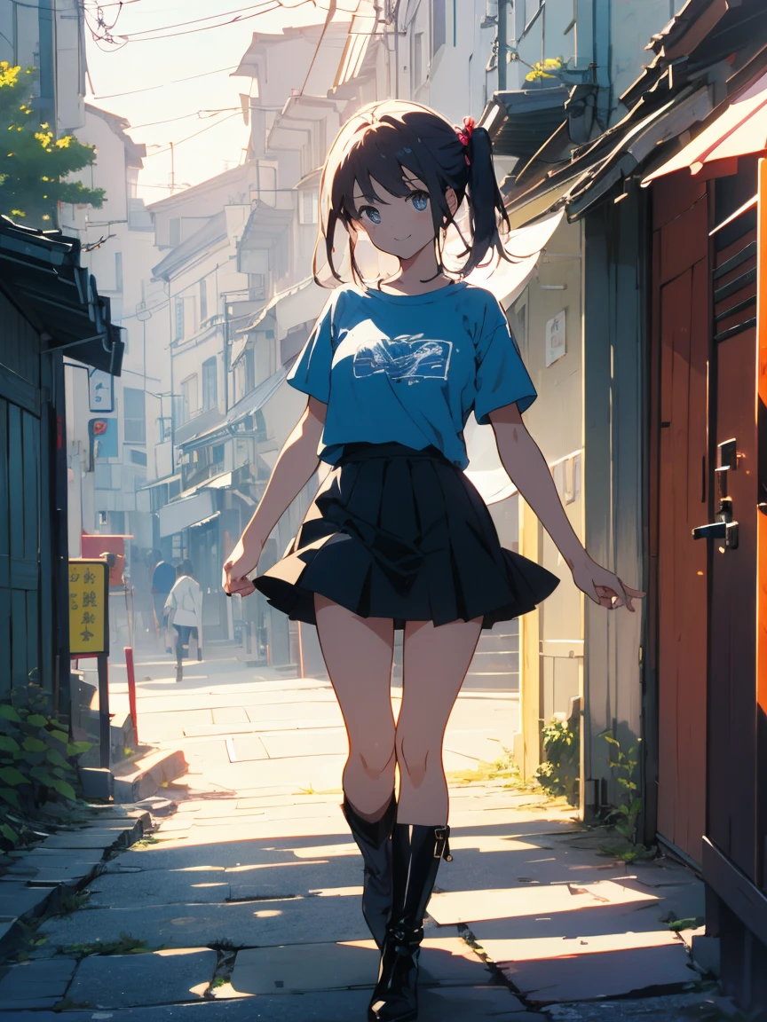 (Highest quality、masterpiece、High resolution、detailed)、(Shining Eyes、detailed美しい顔)、1 girl、(T-Shirts,mini skirt),smile,short boots,outskirts、Slope background、Beautiful Anime