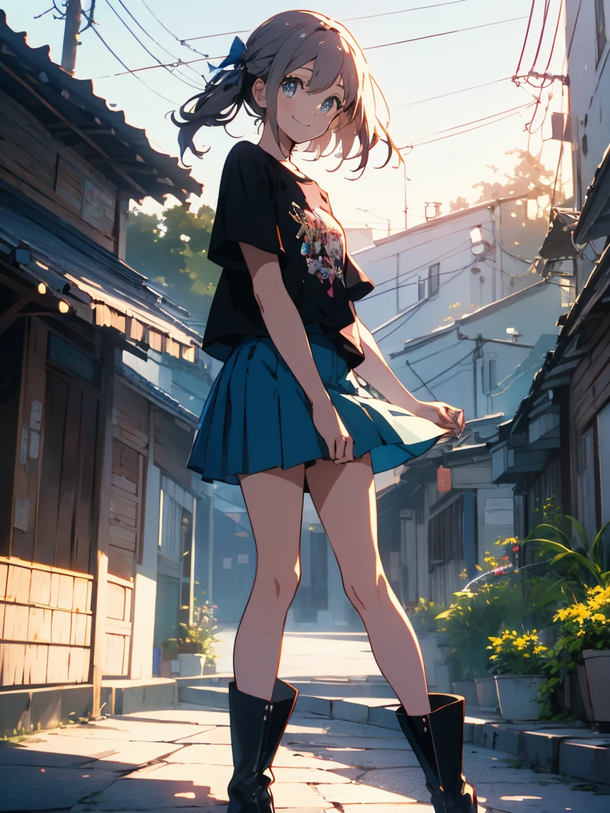 (Highest quality、masterpiece、High resolution、detailed)、(Shining Eyes、detailed美しい顔)、1 girl、(T-Shirts,mini skirt),smile,short boots,outskirts、Slope background、Beautiful Anime