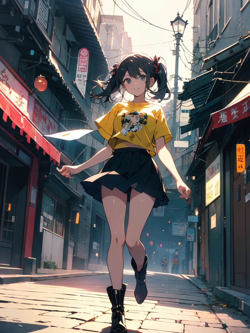 (Highest quality、masterpiece、High resolution、detailed)、(Shining Eyes、detailed美しい顔)、1 girl、(T-Shirts,mini skirt),smile,short boots,outskirts、Slope background、Beautiful Anime