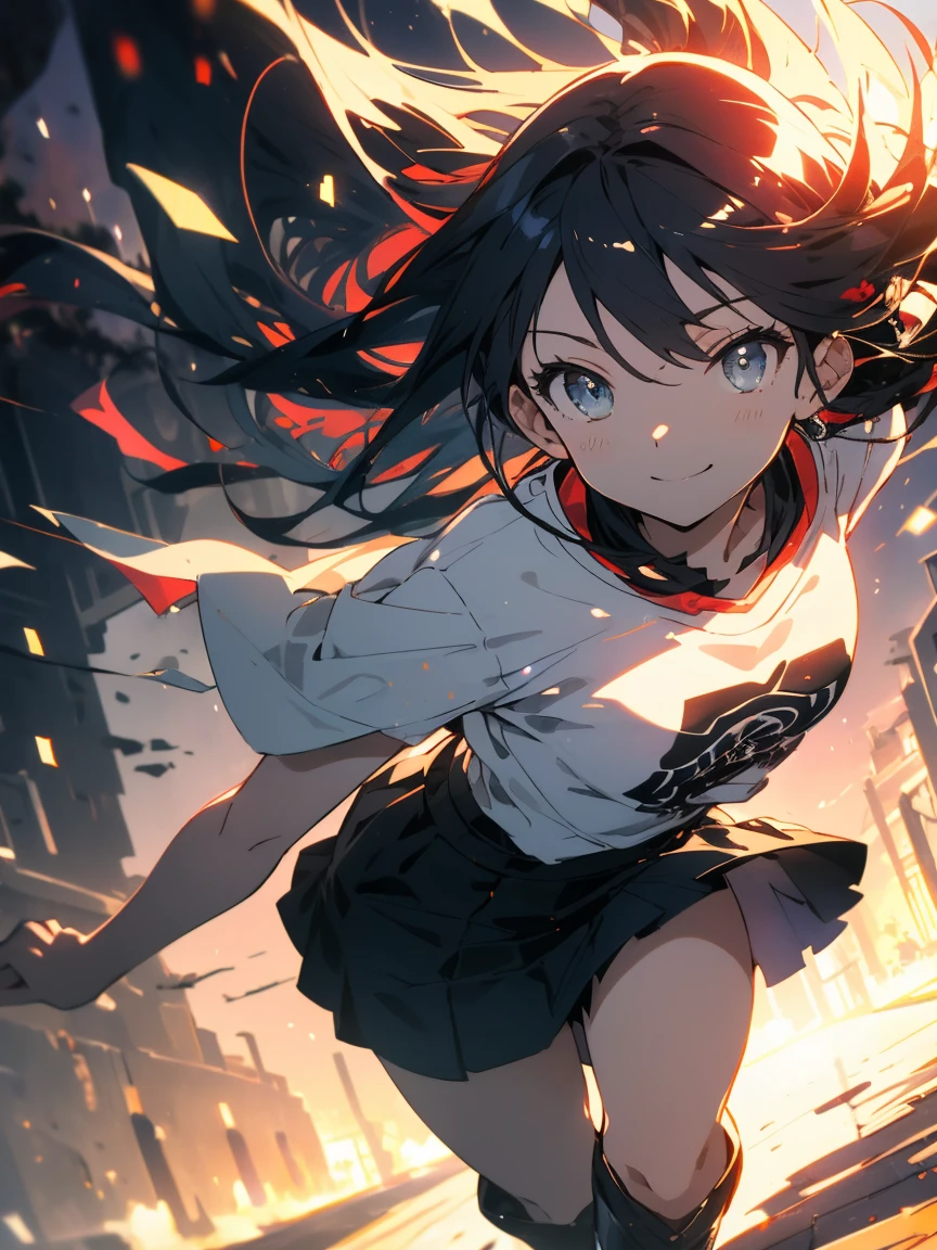 (Highest quality、masterpiece、High resolution、detailed)、(Shining Eyes、detailed美しい顔)、1 girl、(T-Shirts,mini skirt),smile,short boots,outskirts、Slope background、Beautiful Anime