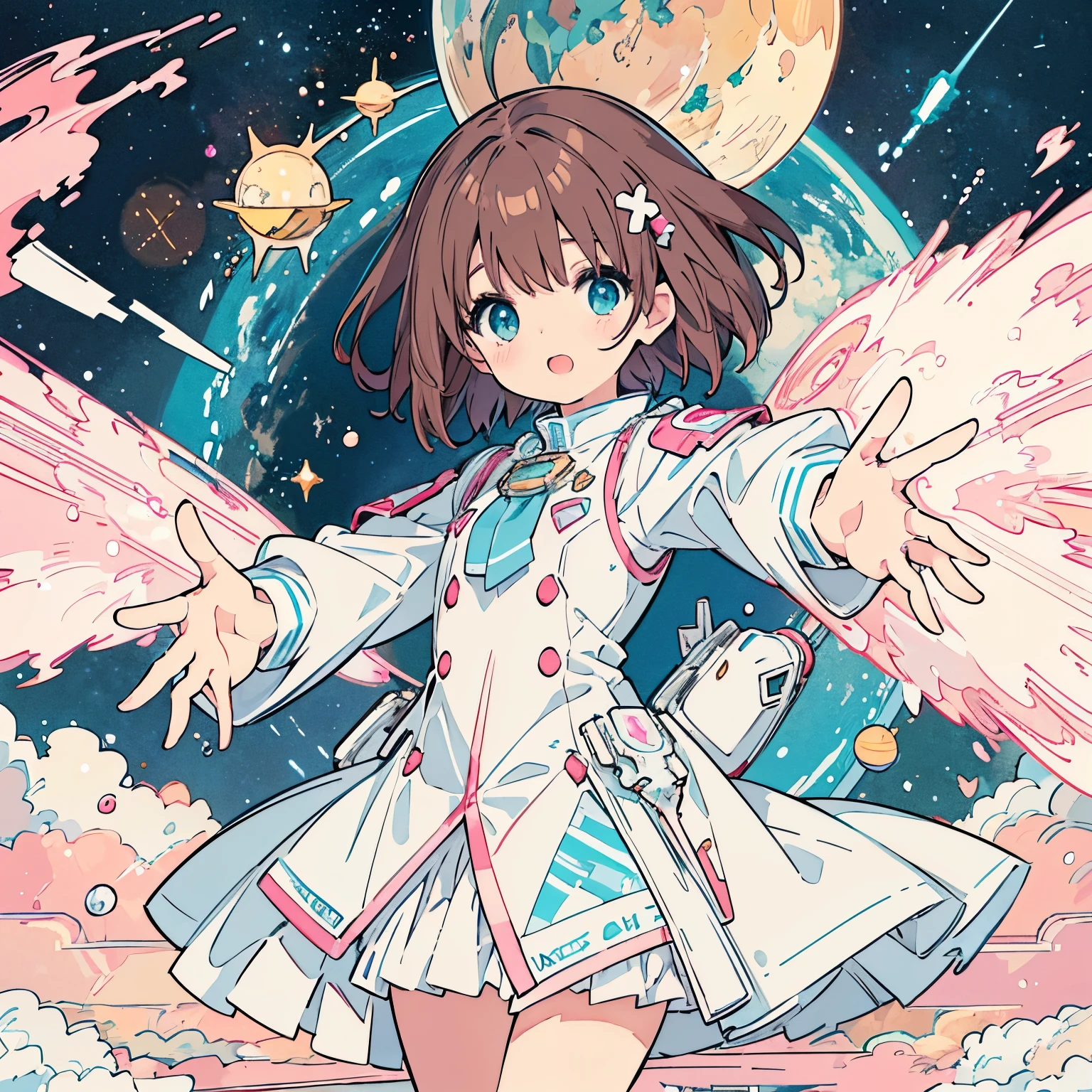 Short brown hair with a hint of pink、A high school girl with a slightly large chest wearing a white uniform、She is floating with her hands outstretched in front of her, with a cute and fantastical universe behind her, based on white with pink and light blue tones.. space, planet, performer, milky way, shooting performer,