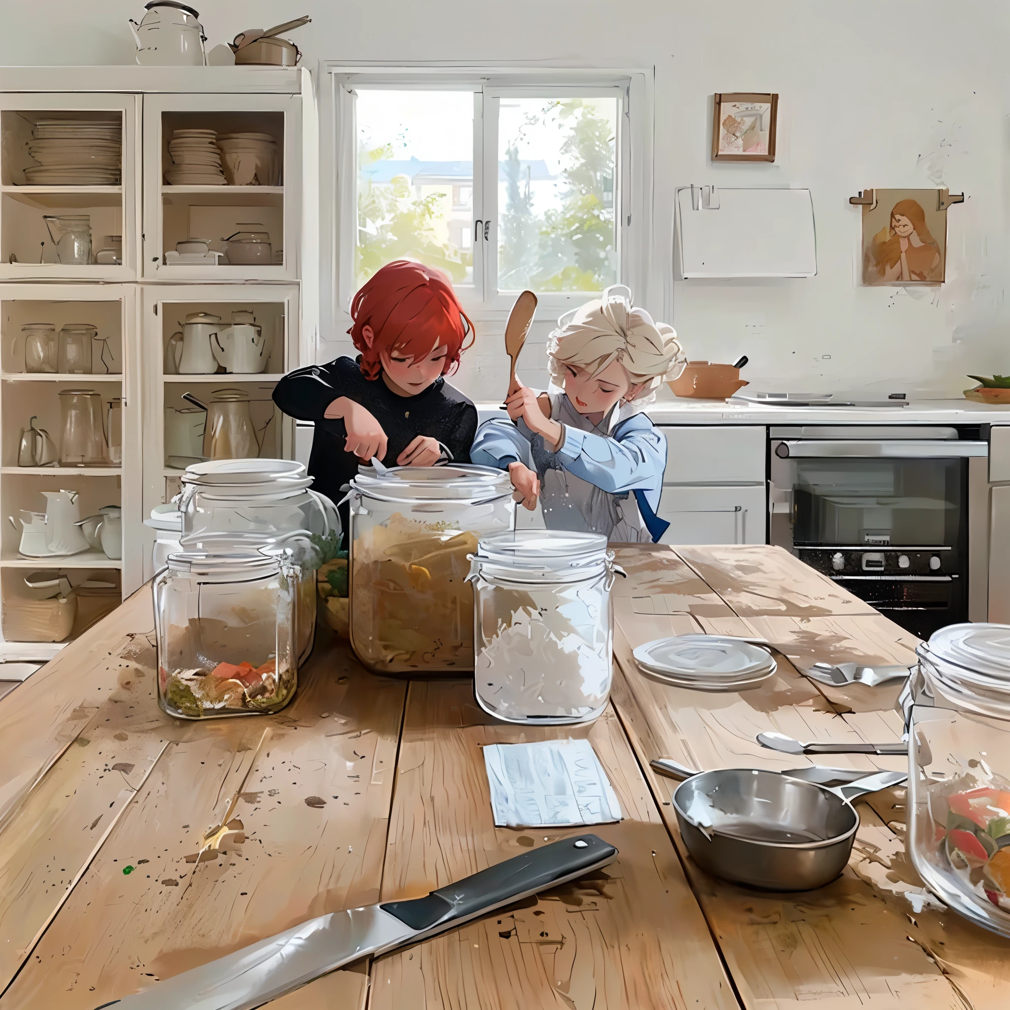 there are two children that are making a mess in the kitchen, Mixed Art, in the kitchen, in the kitchen, on the kitchen table, by Lucette Barker, Banks, pixels, Emma Andievskaya, description, artistic interpretation, vintage art, Kristin Nelson, Sam Black, based on Elsa Beskow, Gaven Hamilton